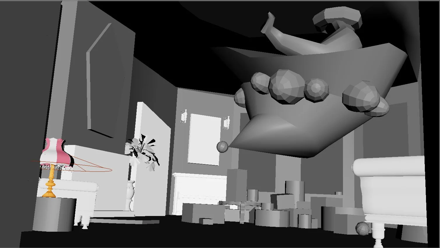 3D model sketch. The Nutcracker but everybody is a nut except of the Rat king, who is allergic to nuts. Girl discovers the nutcracker in a living room full of presents.