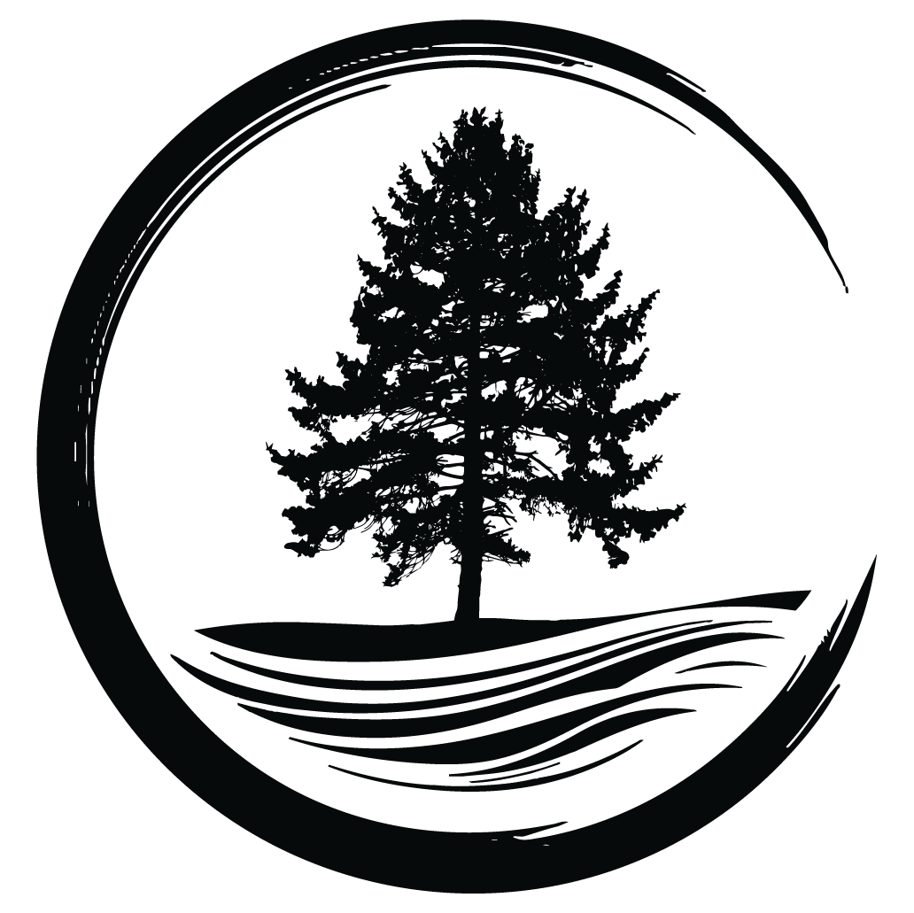 Om circle with the ocean waves inside and a cedar tree next to the waves