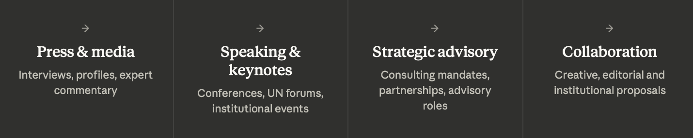 Quatre sections de texte dans un tableau avec fonds gris foncé, chaque section comporte un titre en blanc et une description en gris clair, expliquant différents services liés aux médias et à la collaboration.