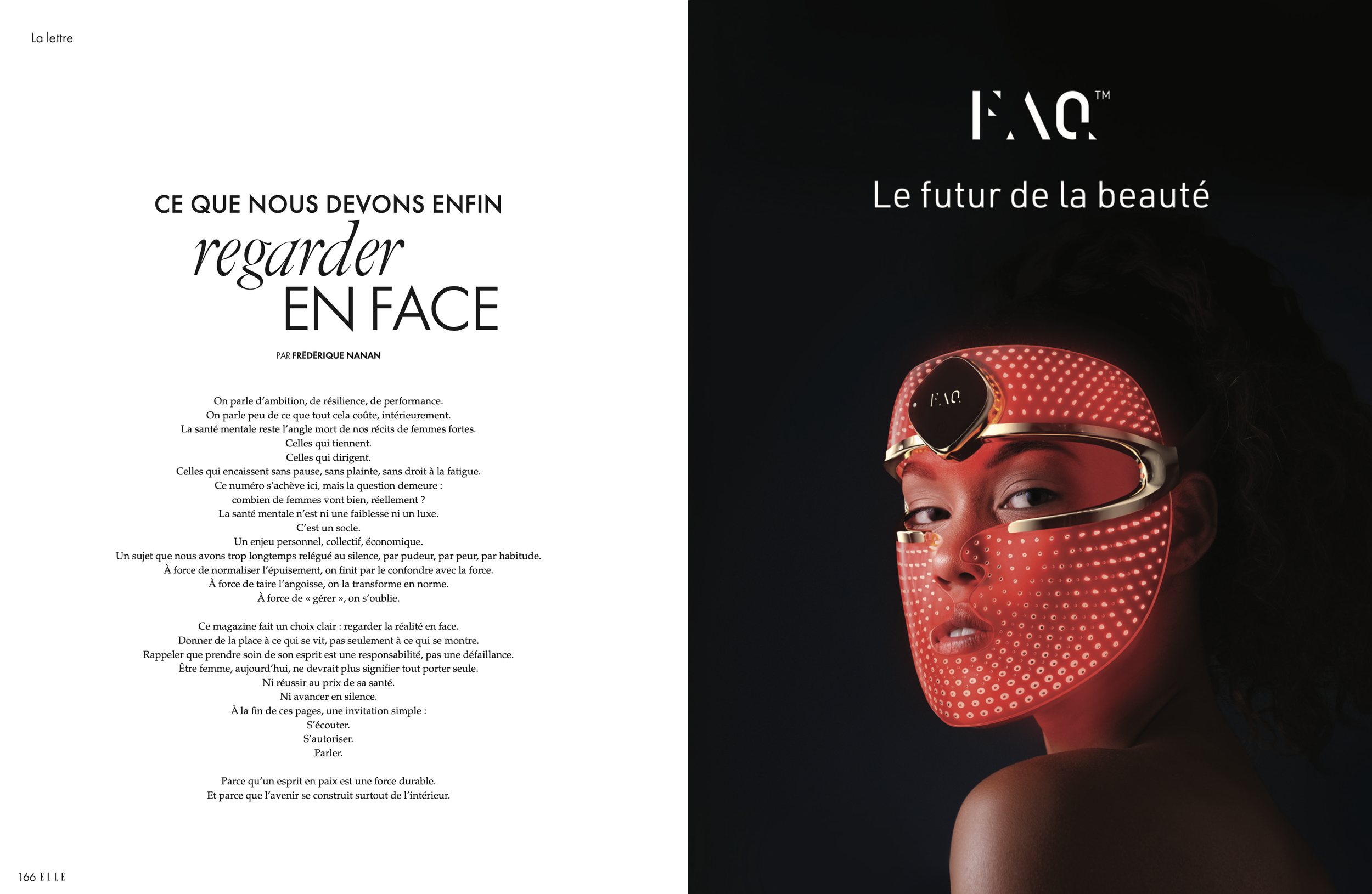 Page double d'une publication avec du texte en français à gauche et une image d'une femme portant un masque futuriste lumineux dans un contexte de beauté à droite.