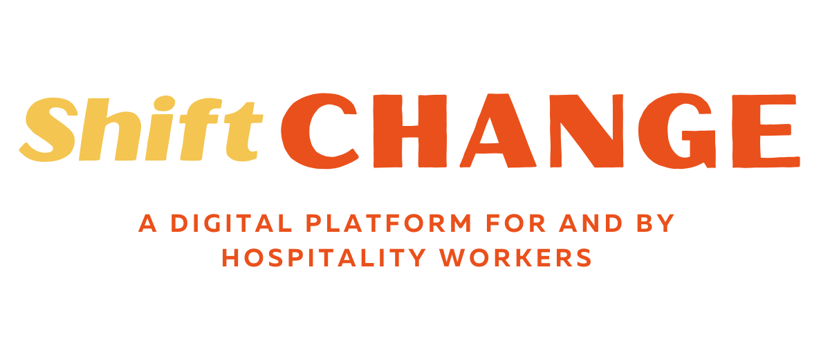Shift Change Logo in yellow and red with the tagline a digital platform for and by hospitality workers