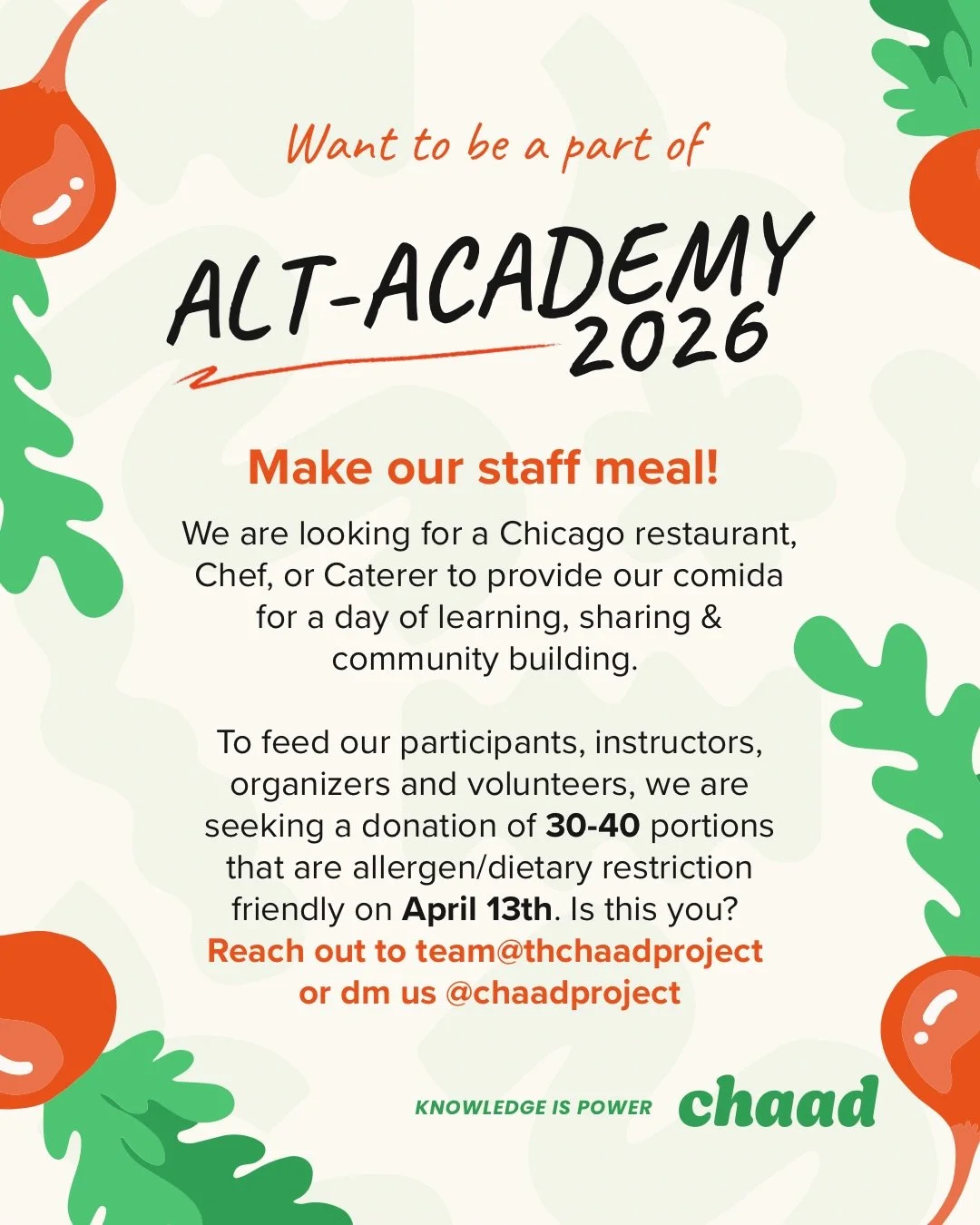 We want you to be a part of Alt Academy 2026! We&rsquo;re looking for a chef or caterer interested in feeding 30-40 folks on April 13th. Drop us a line if this is you!

&mdash;&mdash;&mdash;&mdash;&mdash;&mdash;&mdash;&mdash;
Free skill-share classes