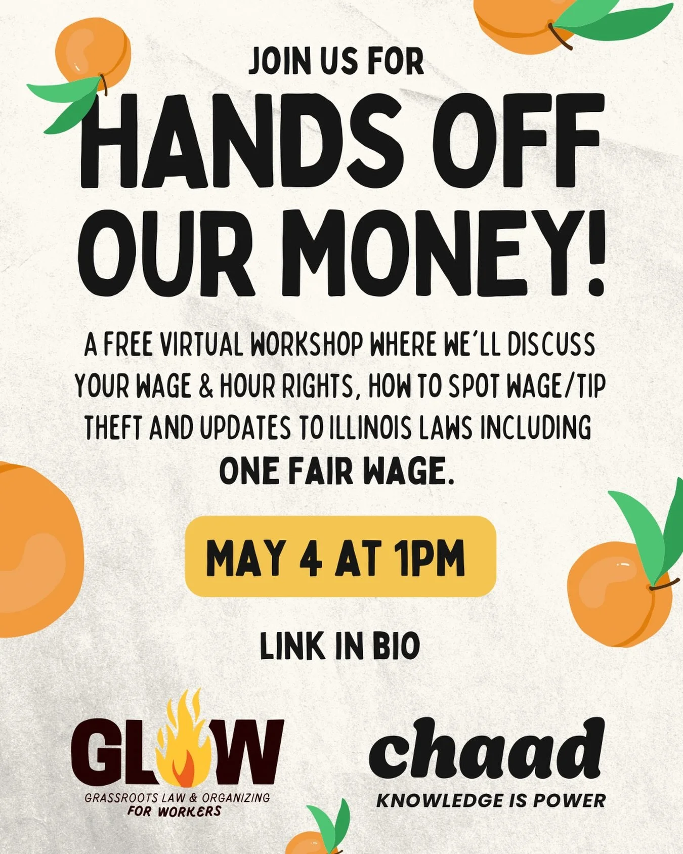 Your wages are yours. Period.

Join us for a free virtual workshop breaking down your wage &amp; hour rights, how to spot wage and tip theft, and what new Illinois laws, including One Fair Wage, mean for you.

May 4 - 1PM
Link in bio

Come through, g