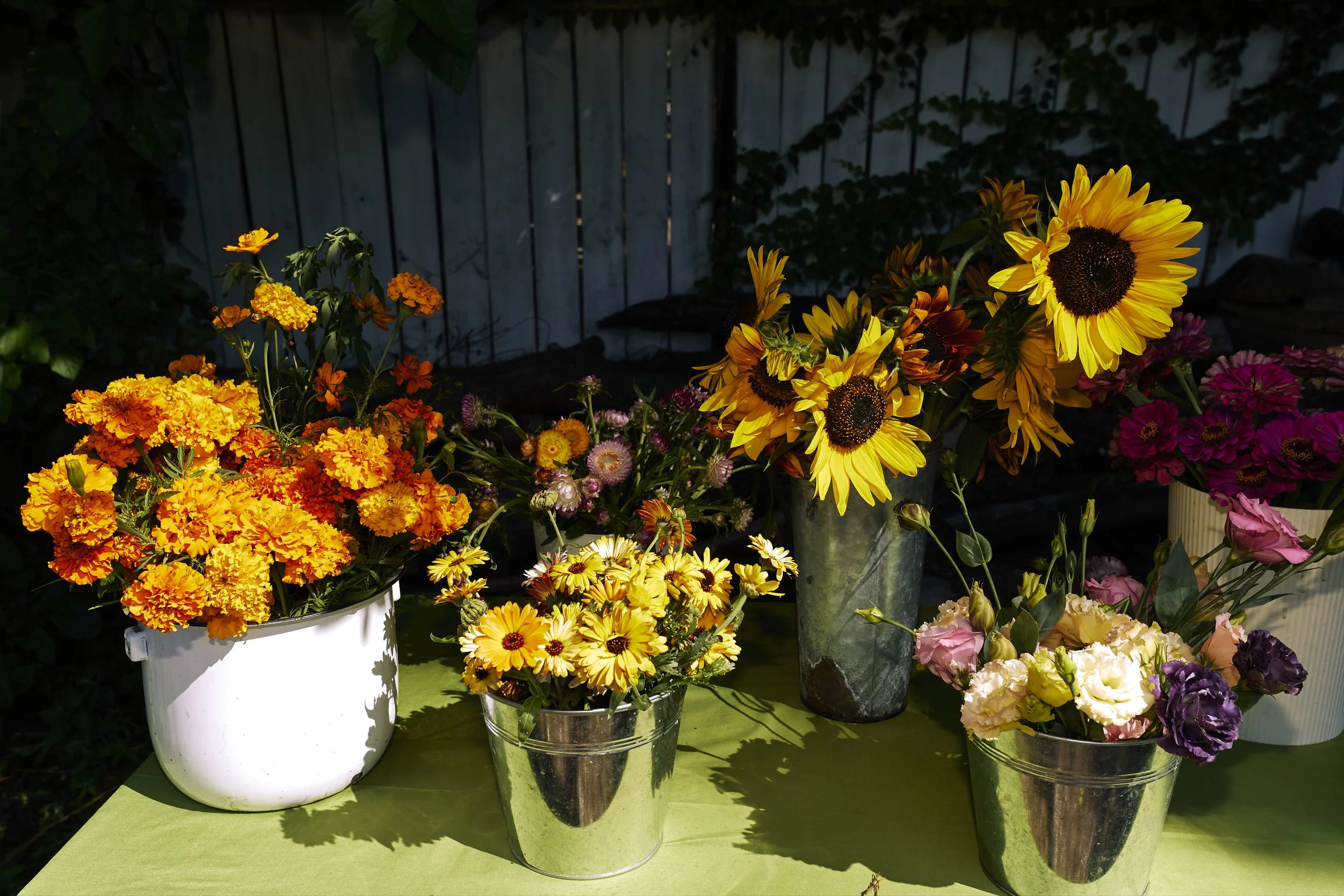 Arrangement of colorful flowers in vases on a green table outdoors