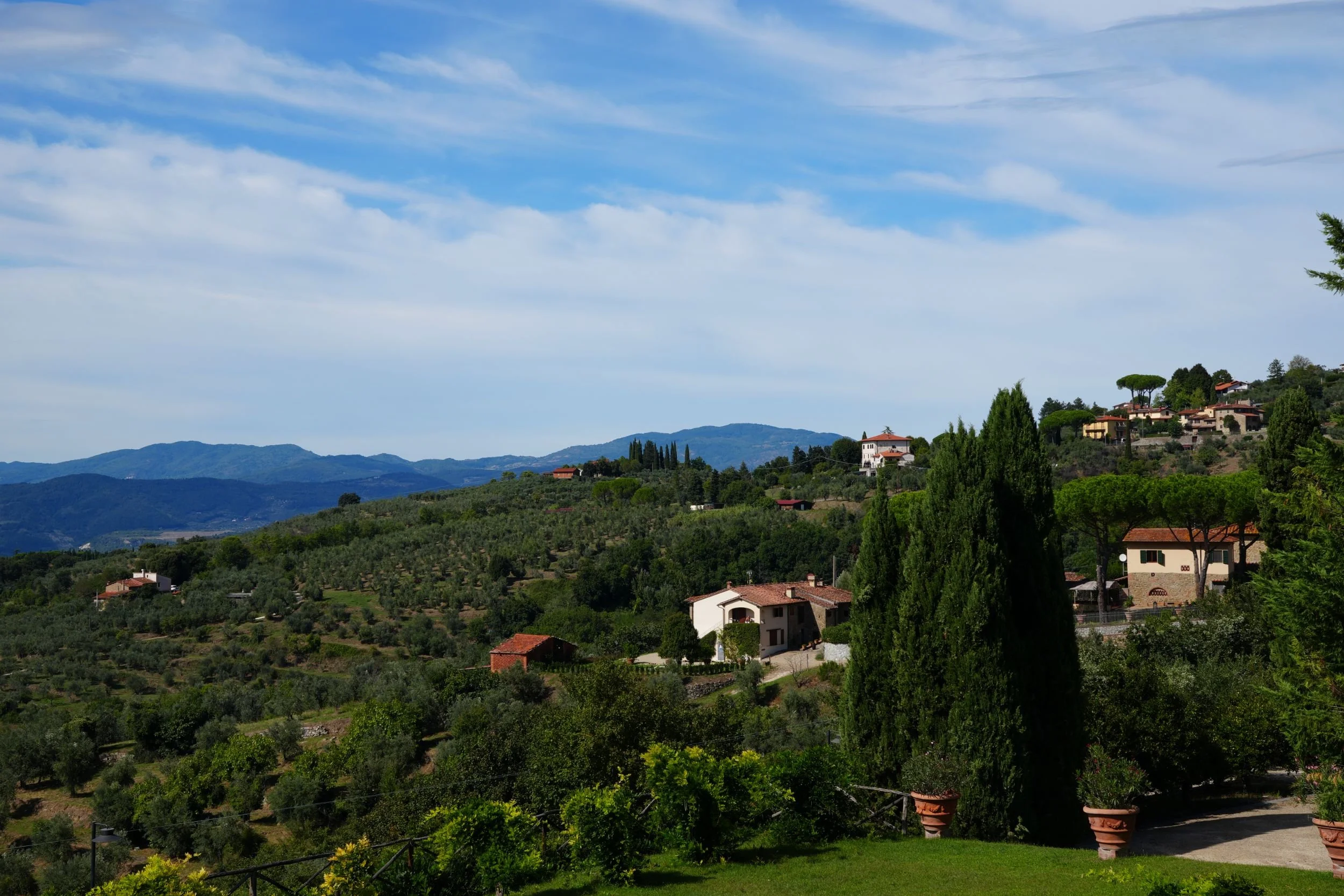 Scenic view of rolling hills with scattered houses and trees under a partly cloudy sky.