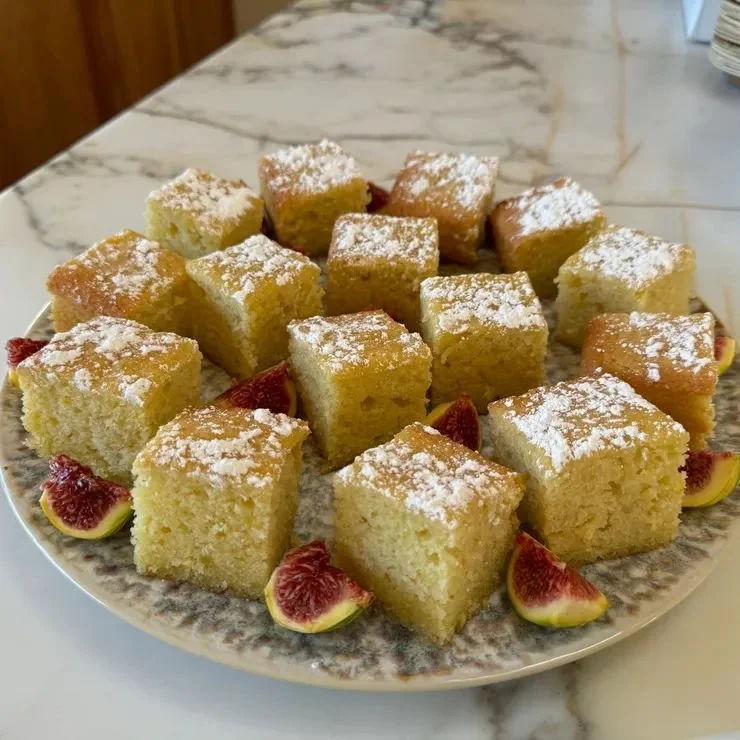 Plate of small sponge cakes dusted with powdered sugar, garnished with fresh fig slices.