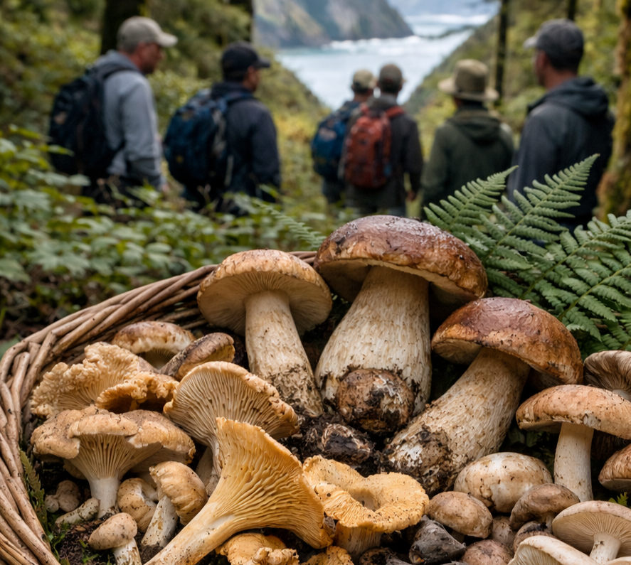 Basket of wild mushrooms in front of a group of hikers overlooking a river canyon.