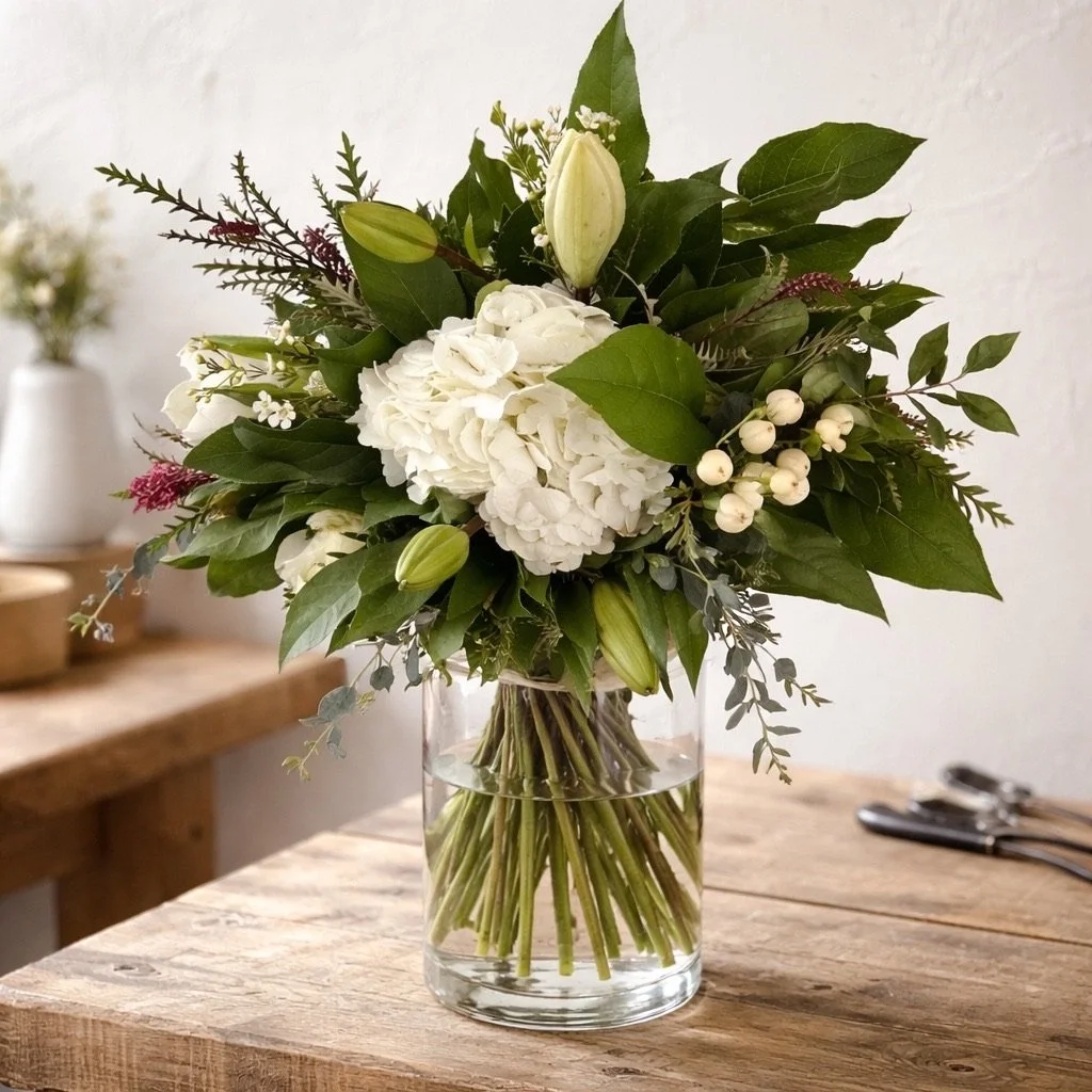 Elegant and romantic wedding bouquet with soft neutral blooms and organic greenery by Dallas wedding florist Izalena Floral House.
