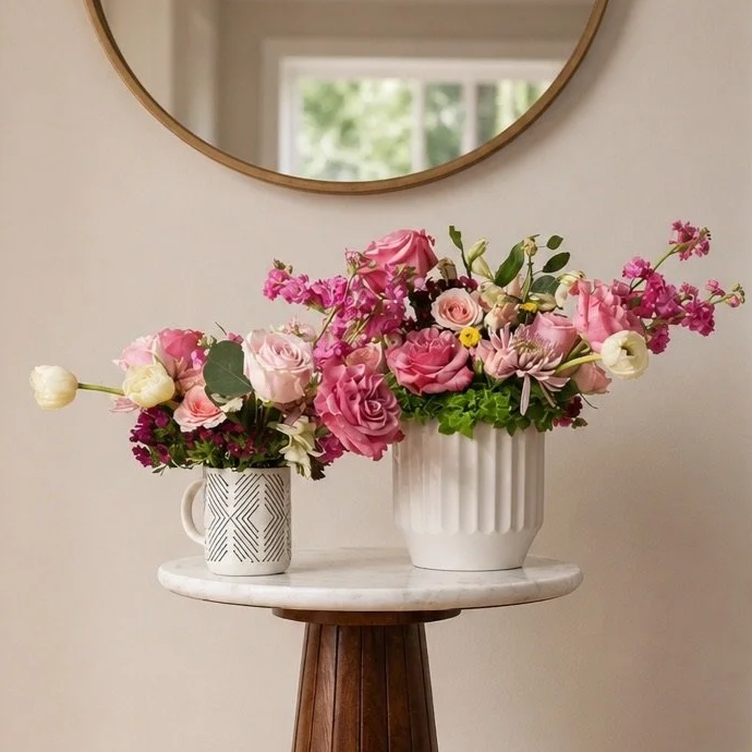 Romantic and Pink Garden-Inspired Floral arrangement and greenery by by Dallas wedding florist Izalena Floral House.