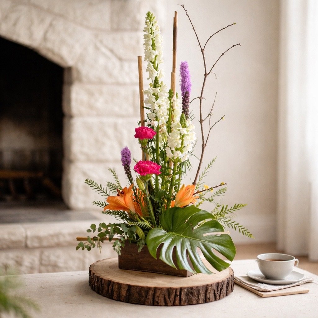 Statement custom flower arrangment with elevated blooms and organic greenery by Dallas wedding florist Izalena Floral House.