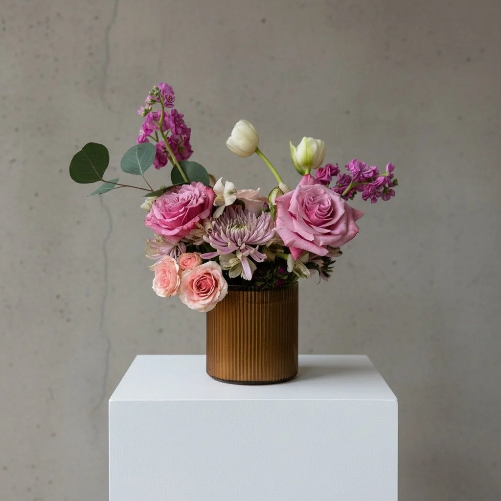 Romantic flower arrangement with soft pink blooms by Dallas wedding florist Izalena Floral House.