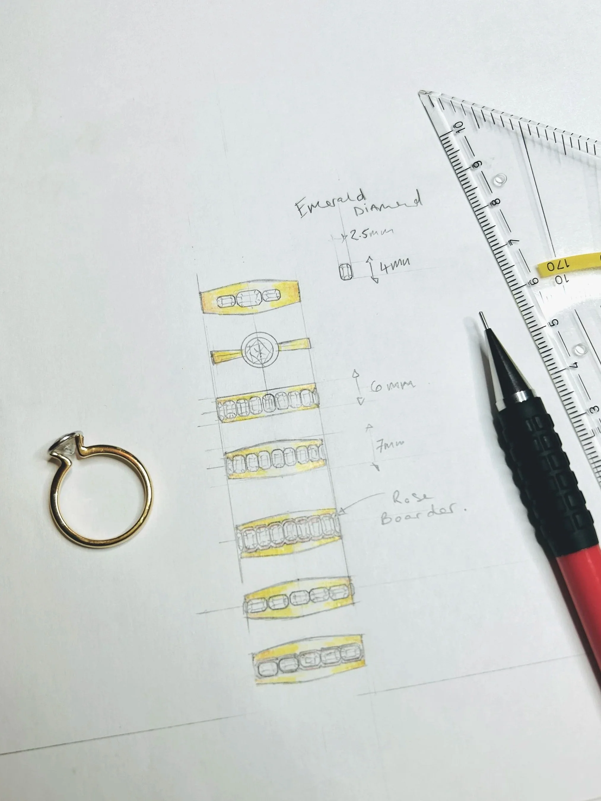 Bespoke design choices of baguette diamond wedding band. 