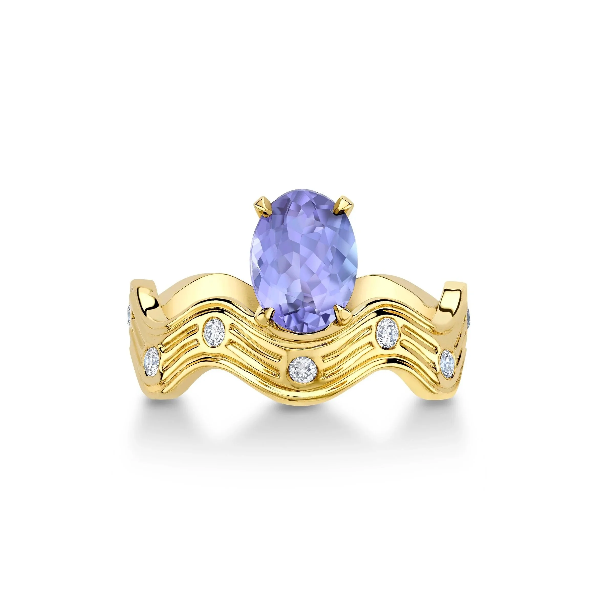 Bespoke Wave Birthday Ring Tanzanite 18ct Yellow Gold embellished with diamonds.