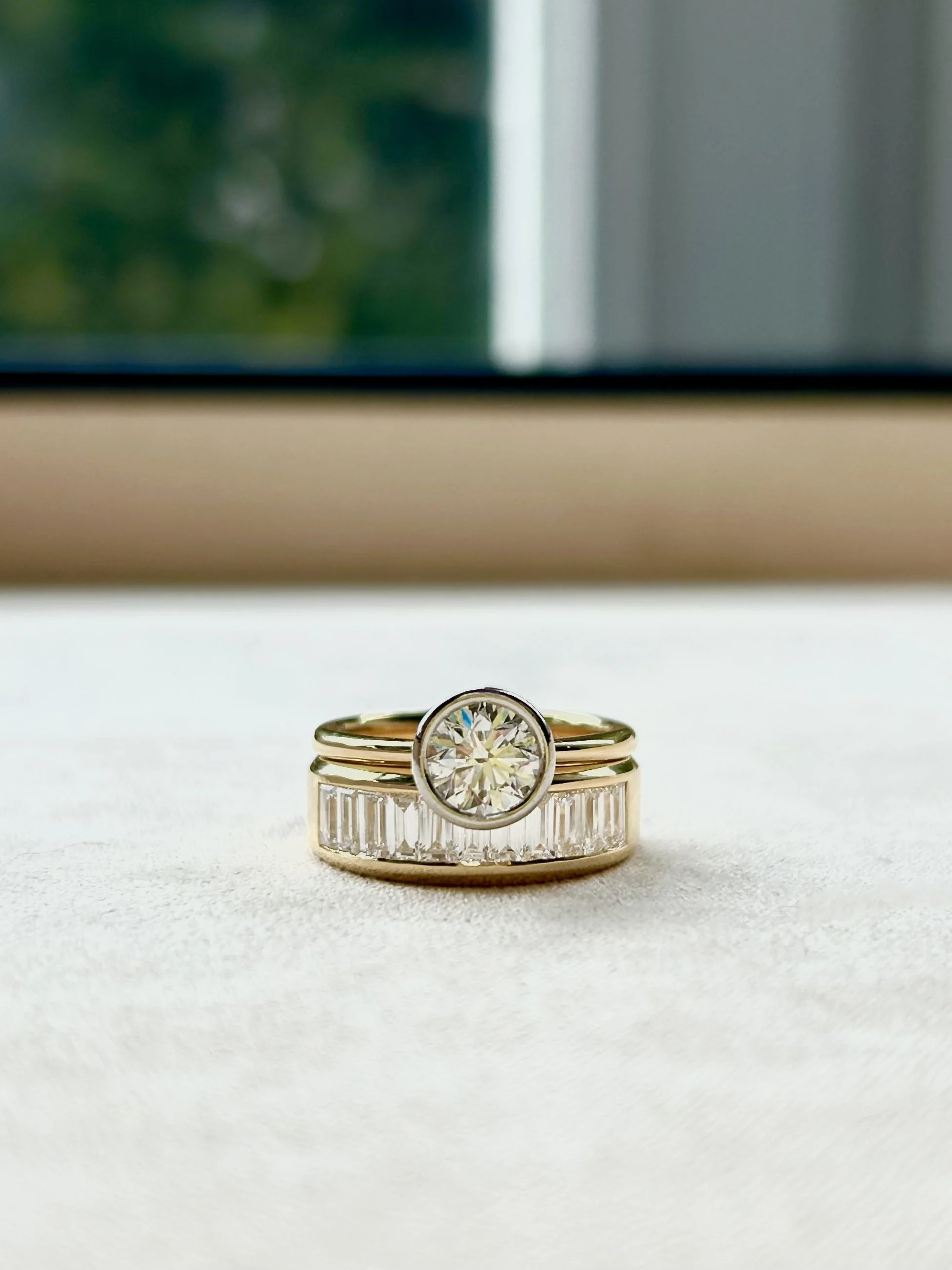 Diamond baguette wedding band & 1ct engagement ring. 