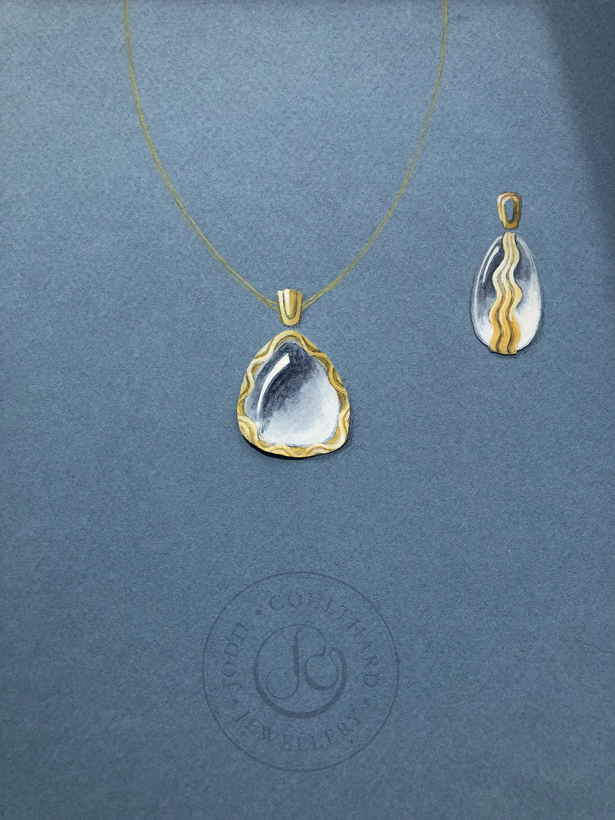 Jewelry set including a necklace and matching pendant with a shell-like design and gold accents, placed on a dark textured background.