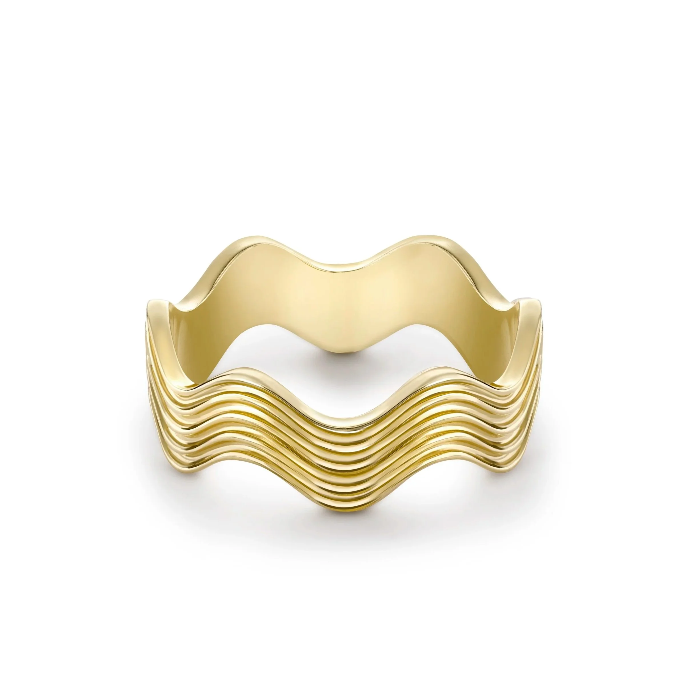 A gold-colored, wavy decorative object resembling a crown or abstract sculpture, with a smooth and shiny surface, positioned against a plain white background.