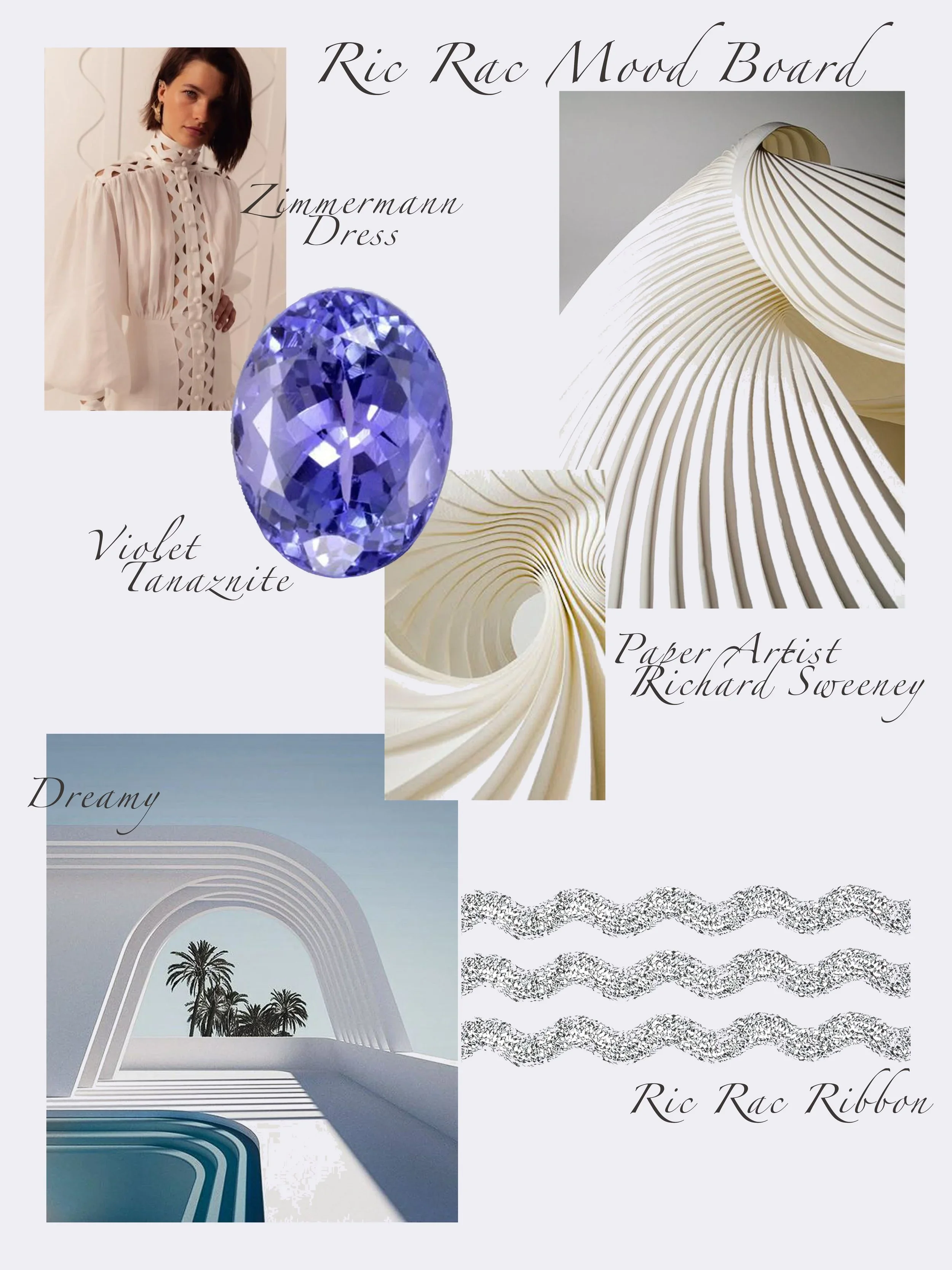 Collage featuring a woman in a cream Zimmerman dress, an abstract white paper art piece, a purple violet Tanzanite gemstone, a modern architecture with palm trees, decorative black and white patterns, and text indicating various design elements like Ric Rac Mood Board, Paper Artist Richard Sweeney, and Ric Rac Ribbon.