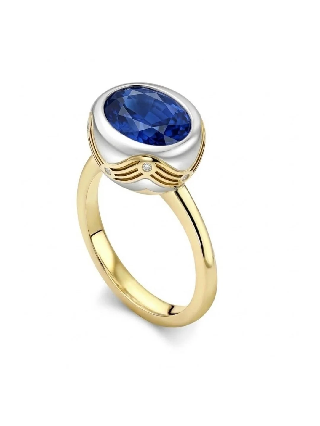 Gold ring with a large oval blue gemstone and small diamonds on the band.