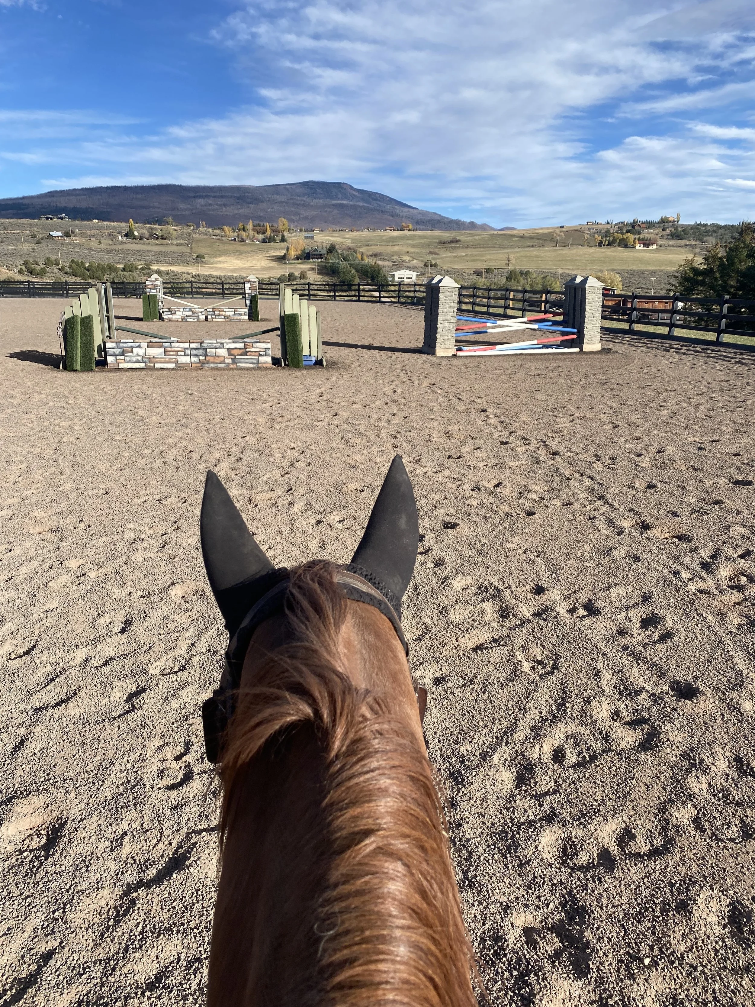 View from horseback riding arena, showing horse's head and ears, with jumps in the background, and a countryside landscape with hills and scattered houses.