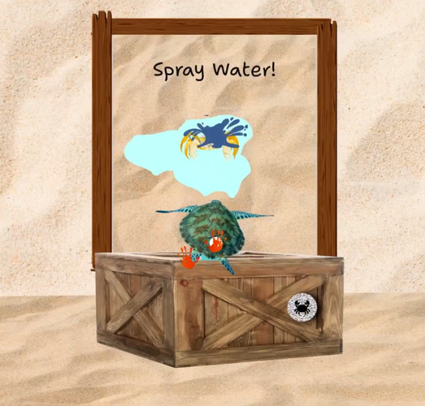 An illustrated scene showing a sea creature holding a water spray bottle, with a speech bubble saying 'Spray Water!' and a water splash above. The scene is set behind a wooden stand with a ball or ball-like object on the front.
