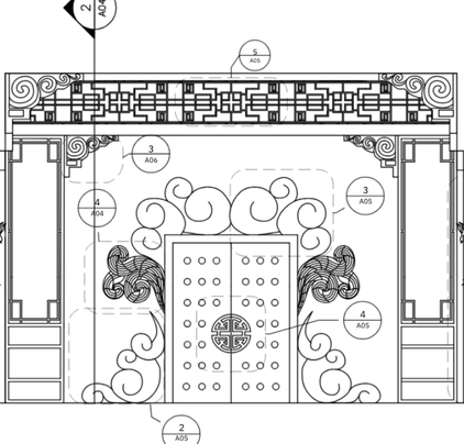 Architectural drawing of a traditional Chinese gate with decorative details, clouds, and a central circular motif on the door.
