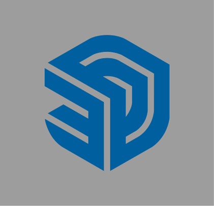 Blue 3D cube logo with the letters S and P intertwined on a black background.