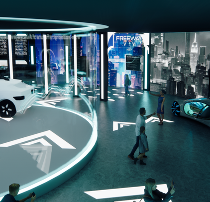 A futuristic indoor exhibit space with a cityscape mural in the background, featuring a small model electric car, a blue experimental vehicle, and a few visitors exploring the area.