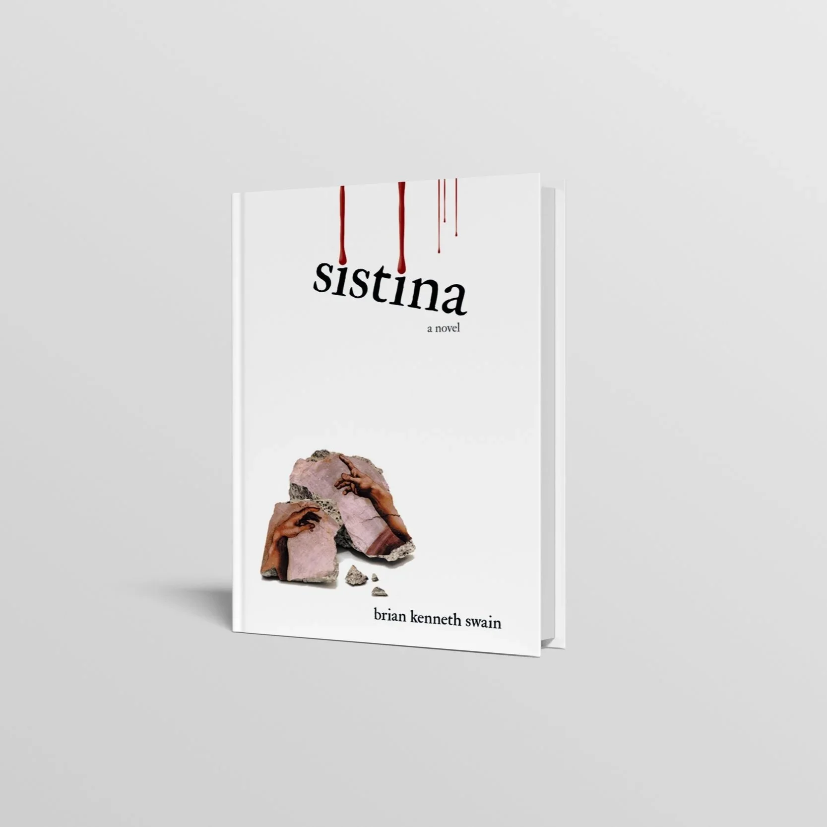 Cover of a novel titled "Sistina" with a white background, featuring red blood-like streaks at the top, and an image of a large pink stone with two hands reaching out from behind it.