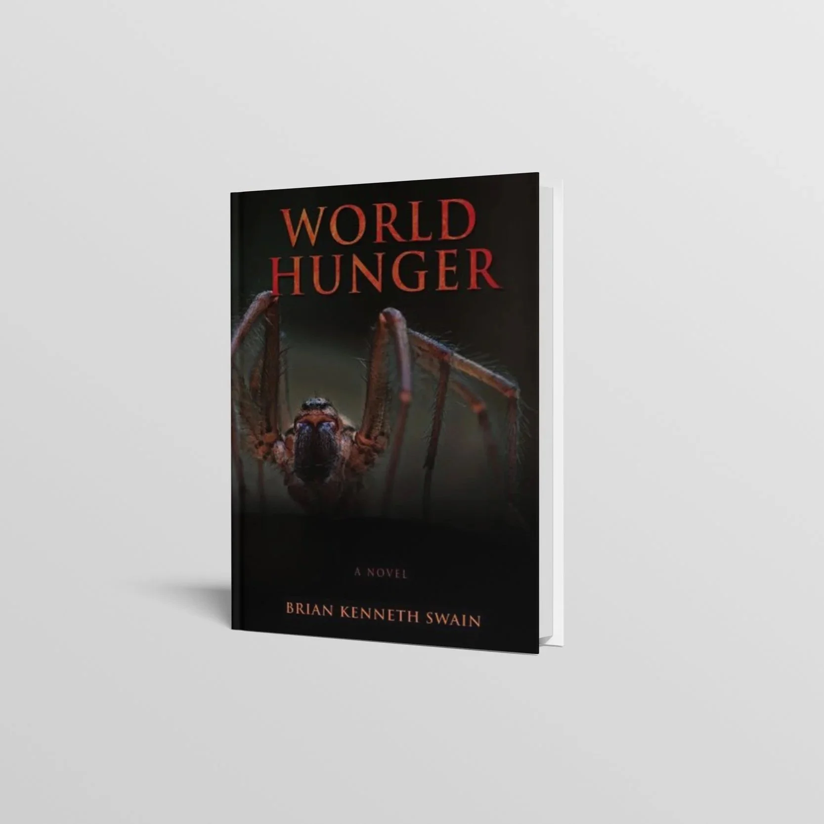 Book cover titled 'World Hunger' featuring a close-up of a spider.