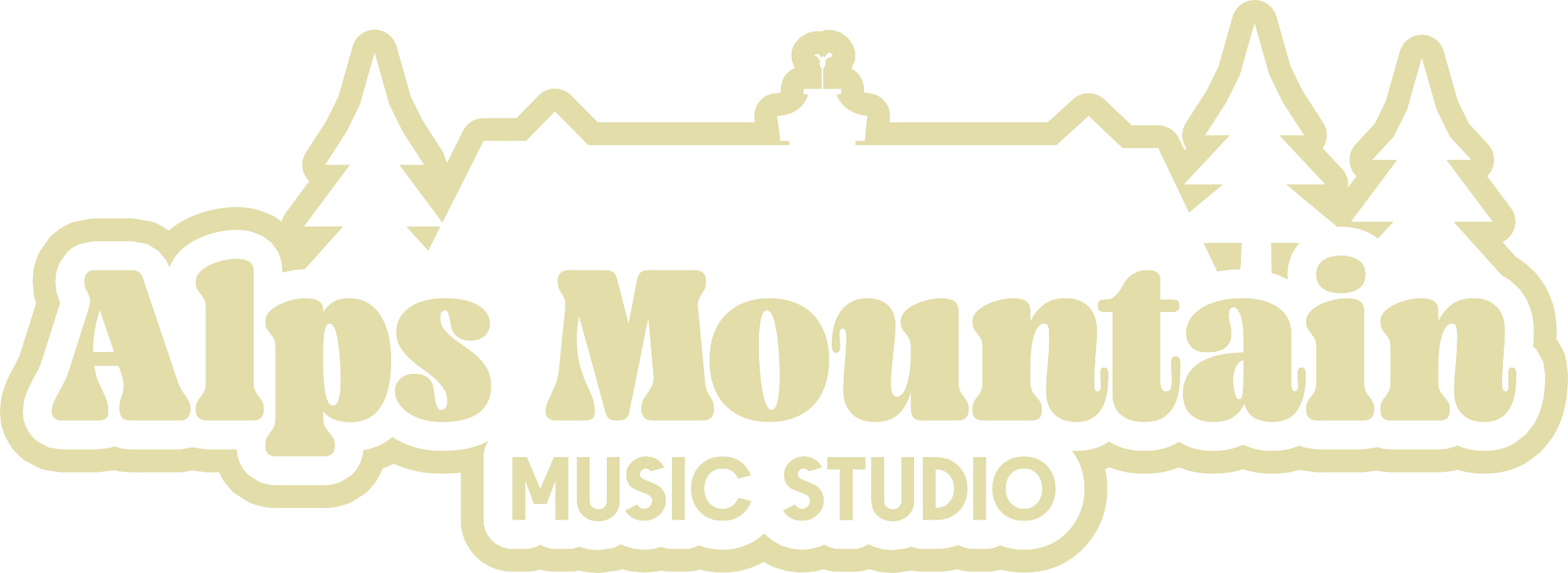 Logo for Alps Mountain Music Studio with mountain outline and pine trees.