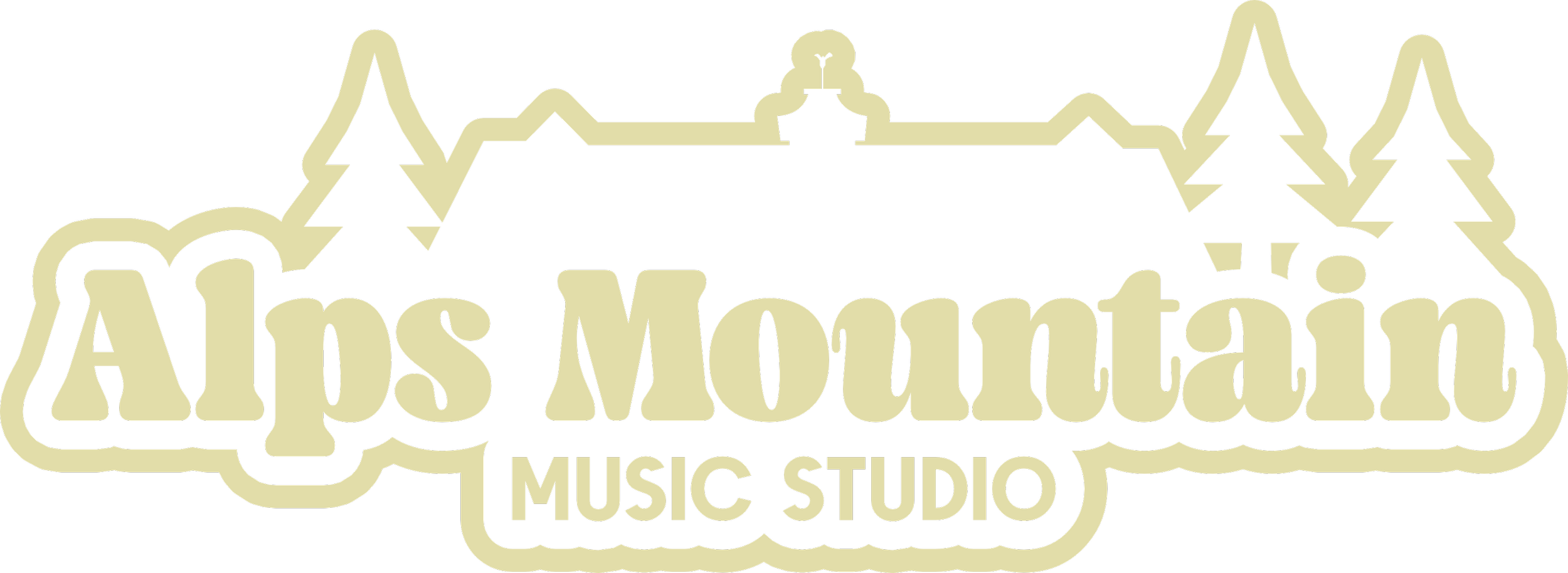 Logo for Alp's Mountain Music Studio, featuring stylized house and pine tree illustrations surrounding the studio name.
