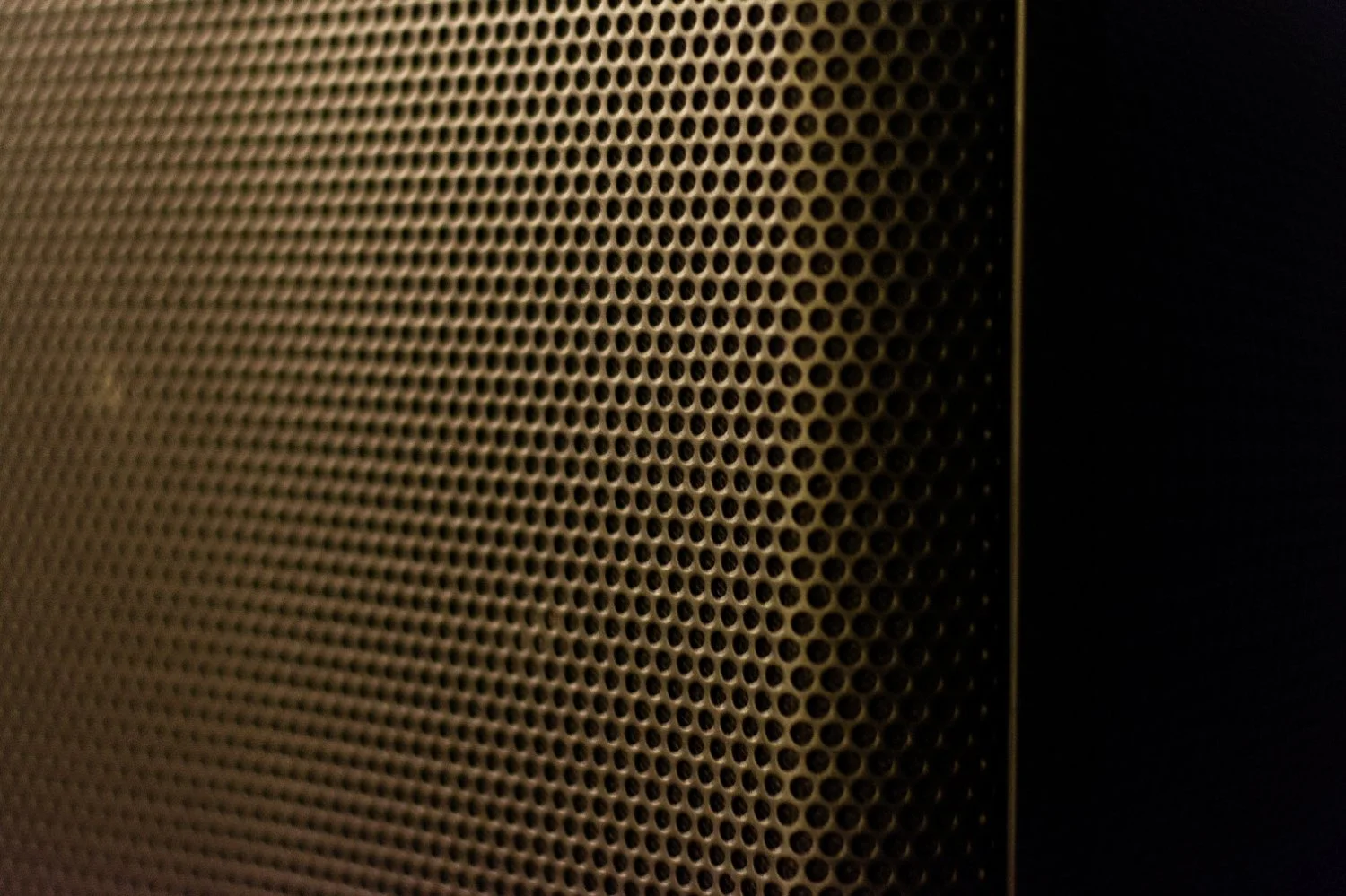 Close-up of a perforated metal speaker grille with circular holes