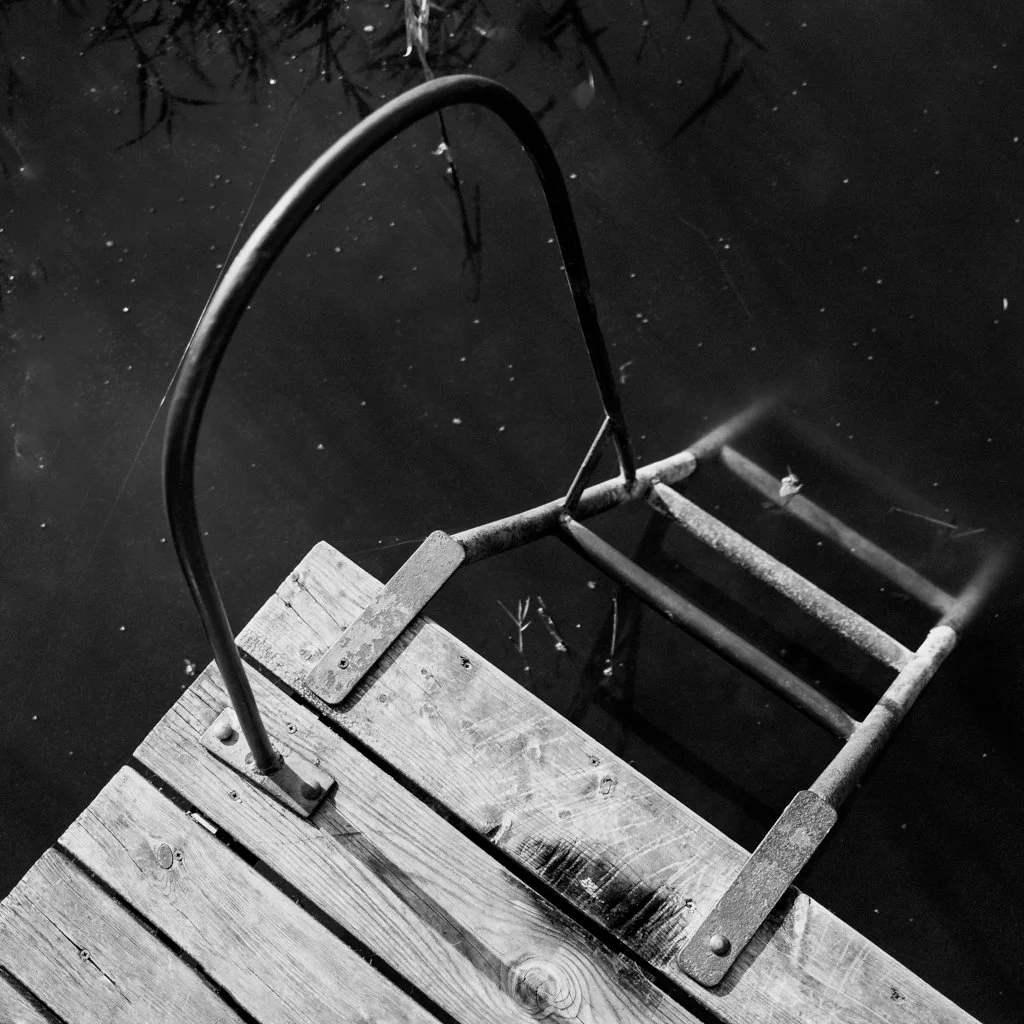 A wooden dock with a metal ladder leading into dark water.