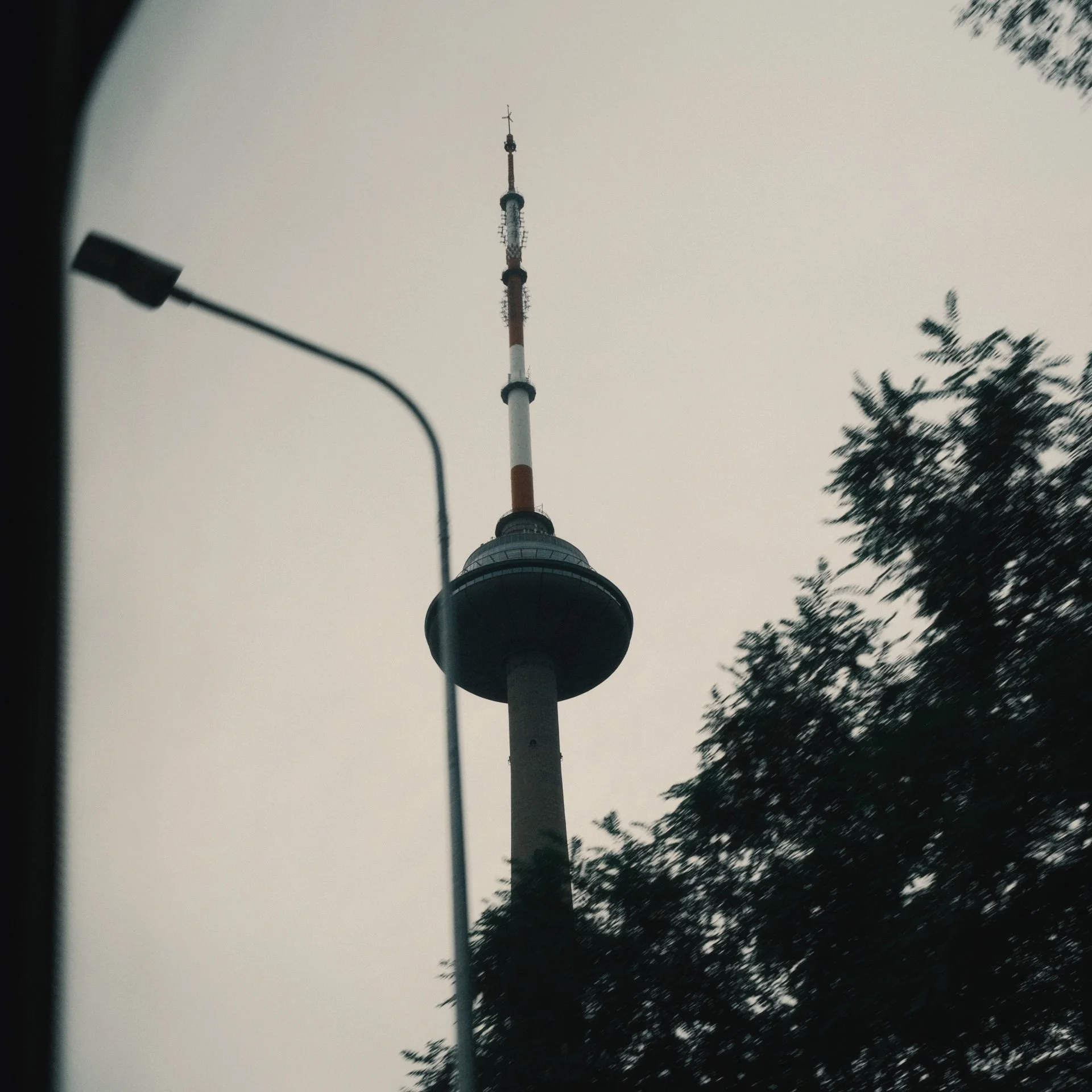 View of a tall television or communications tower with a circular observation deck, seen through a window with a streetlight and tree branches in the foreground.