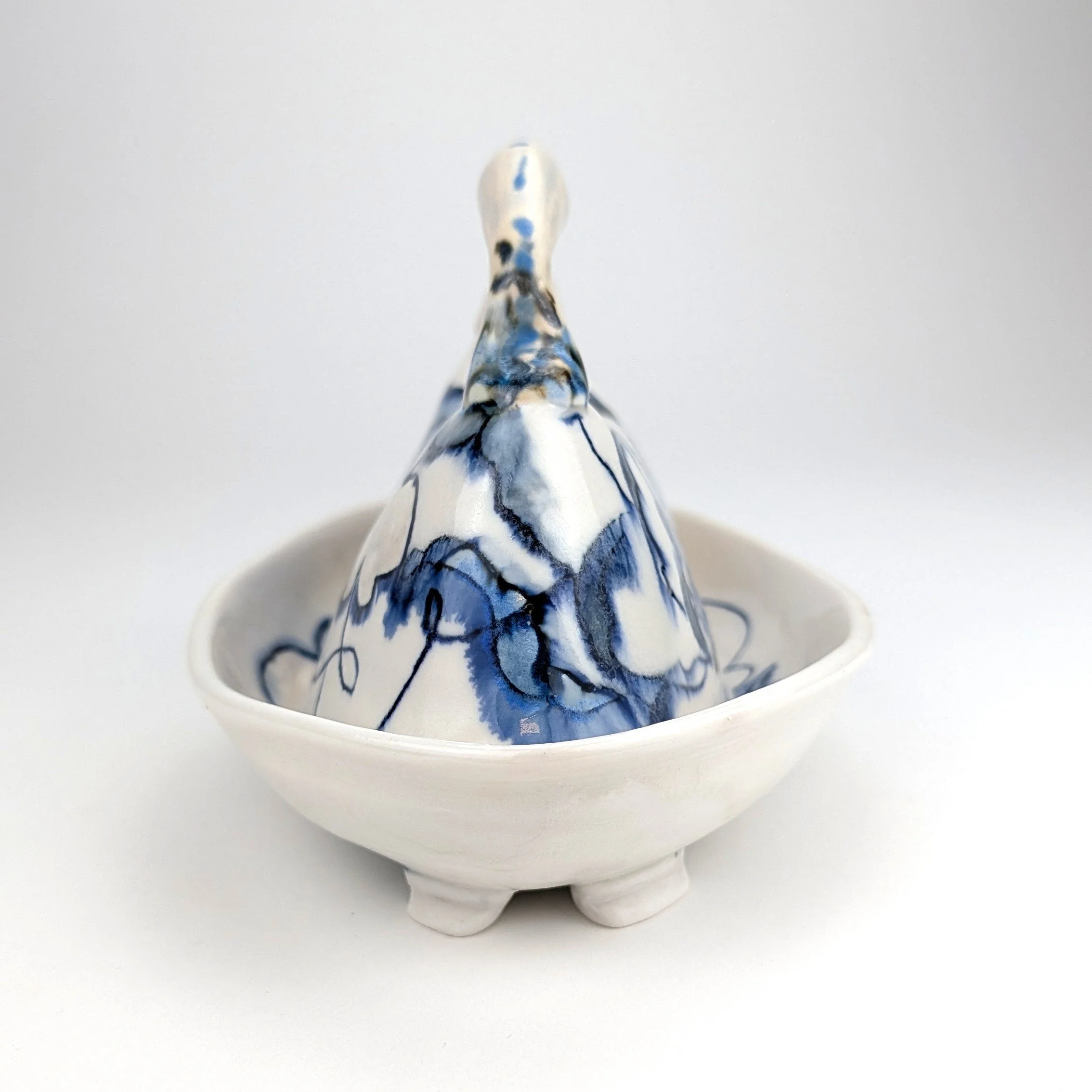  Footed ceramic butter dish with Glaze mishima, and underglaze on cone 6 porcelain with lidded handle.