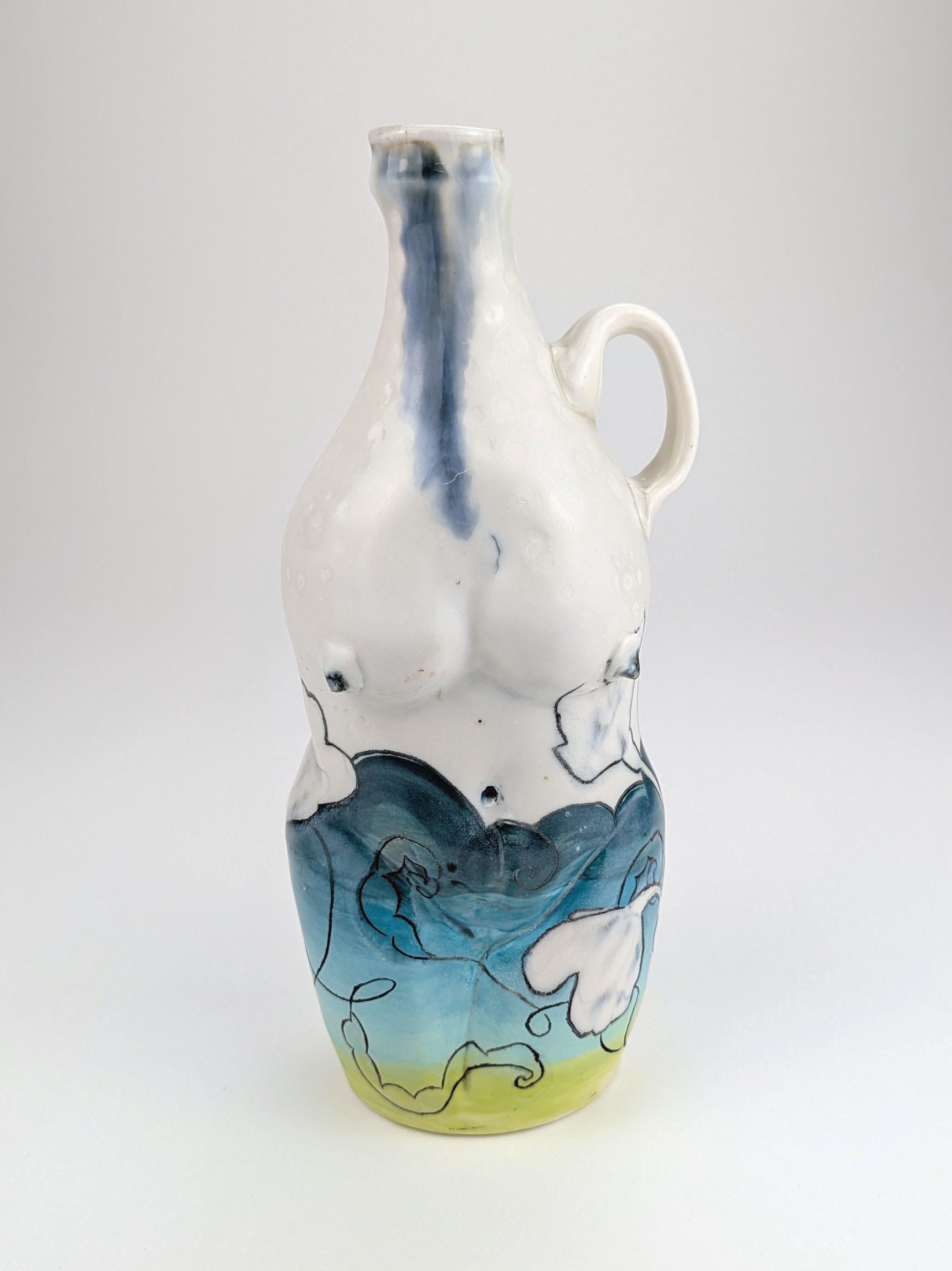 Ceramic porcelain figurative Bottle, with floral Mishima, layered glazes, and underglaze. 