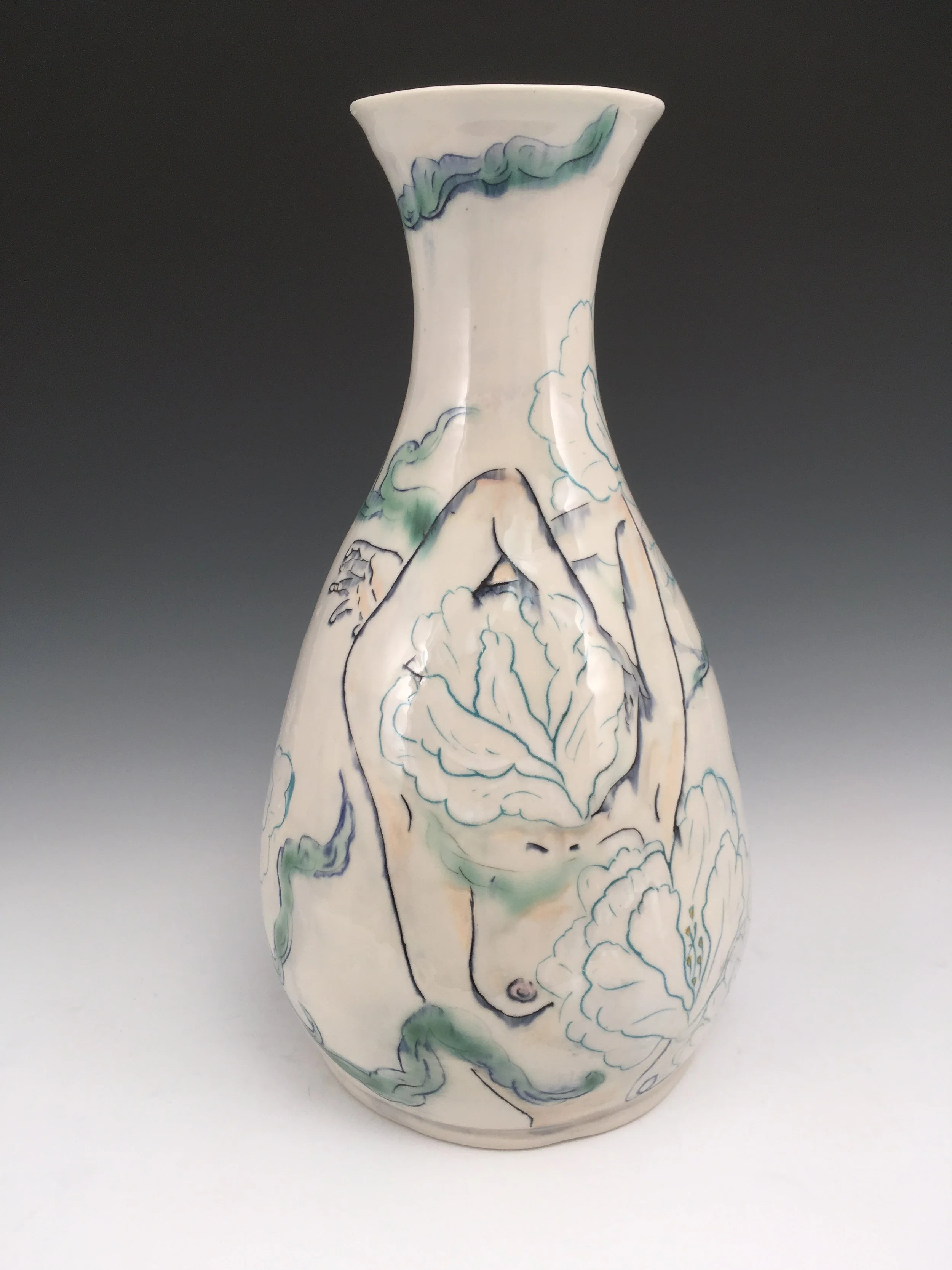 Ceramic porcelail vessel, with inlayed cobalt Mishima, layered glazes, and underglaze