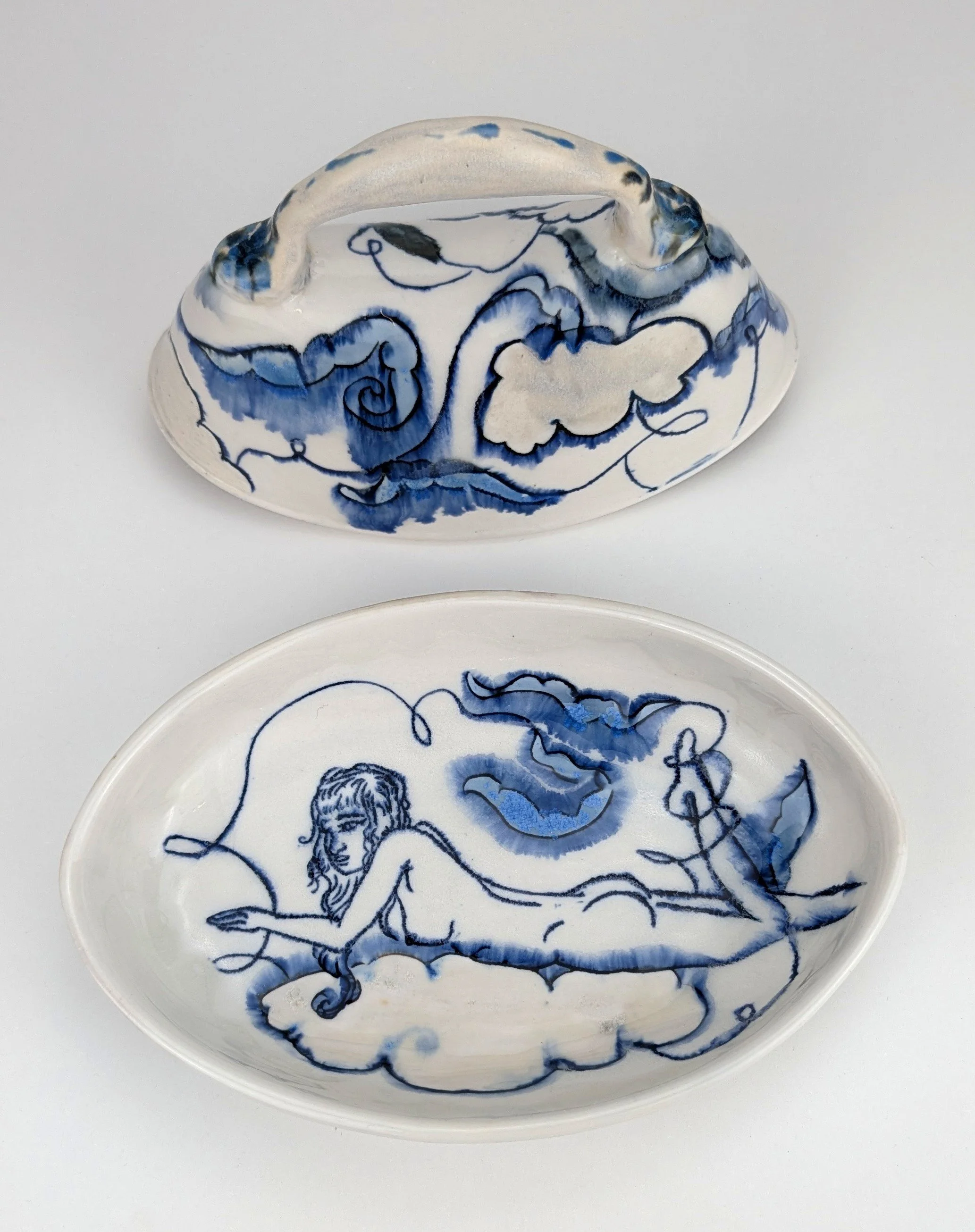  Footed ceramic butter dish with Glaze Mishima, and underglaze decorating cone 6 porcelain with lidded handle.