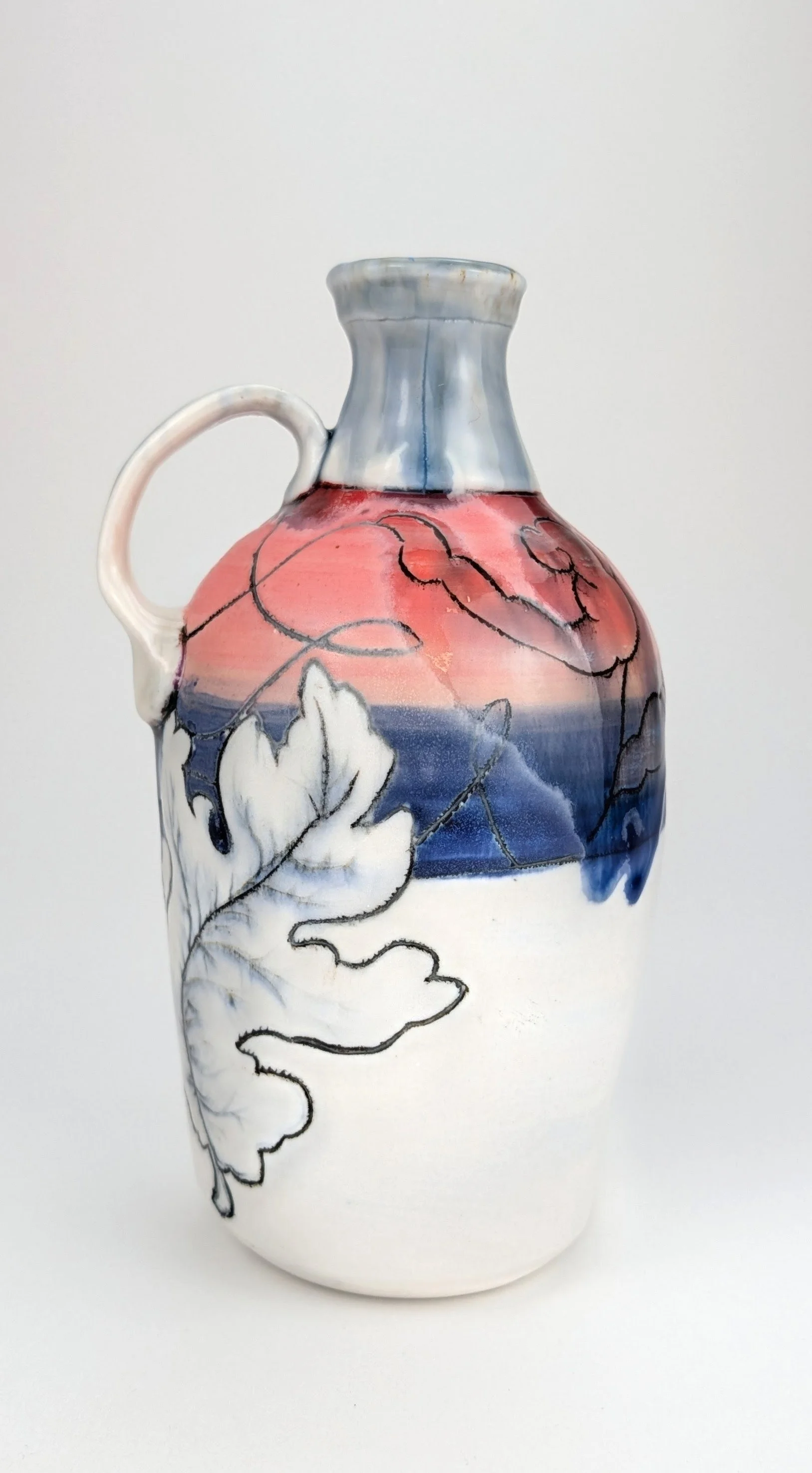 Ceramic Bottle with oak leaf underglaze pencil drawing, Mishima, and underglaze painting.