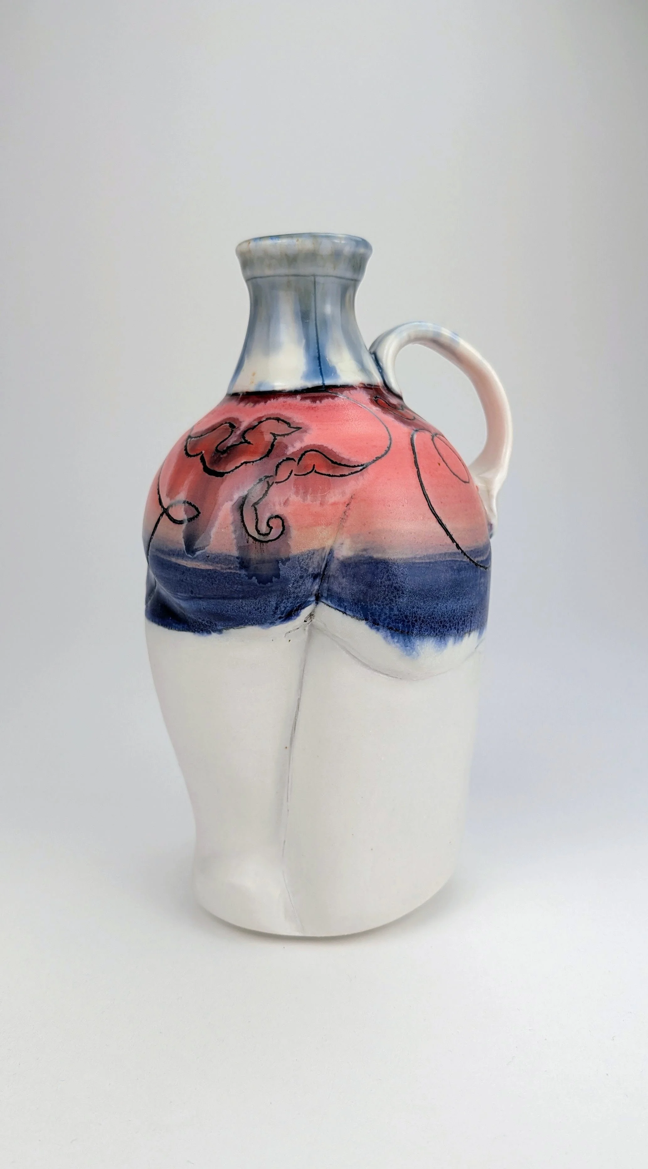 Ceramic Bottle with oak leaf underglaze pencil drawing, Mishima, and underglaze painting.