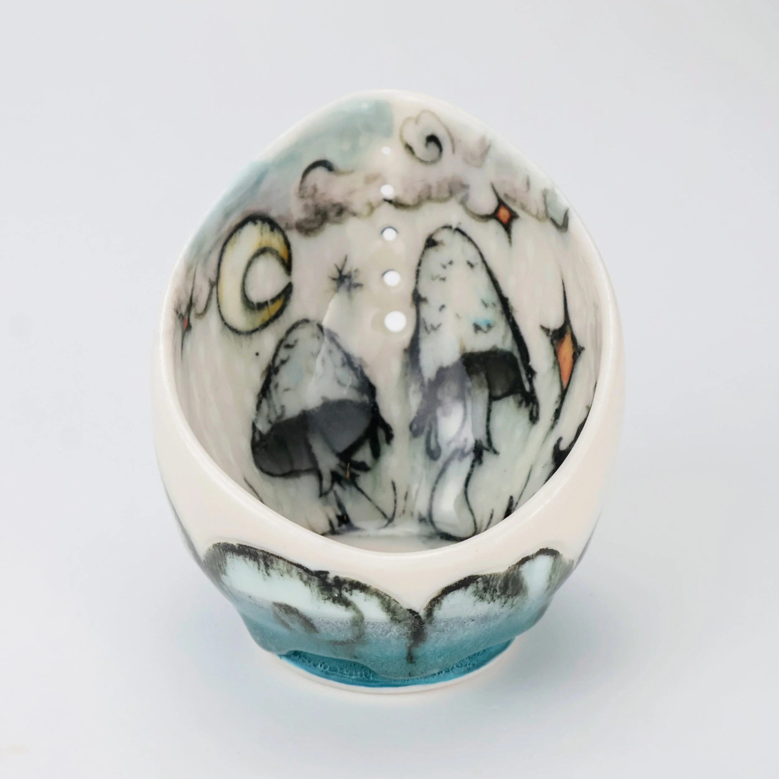 Ceramic Herb Puller with black and gray shaggy mane mushrooms and cloud design inside