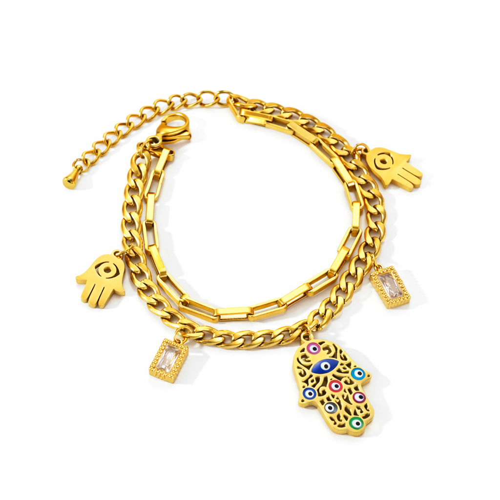 Multicolour Hamsa & Evil Eye Charm Bracelet