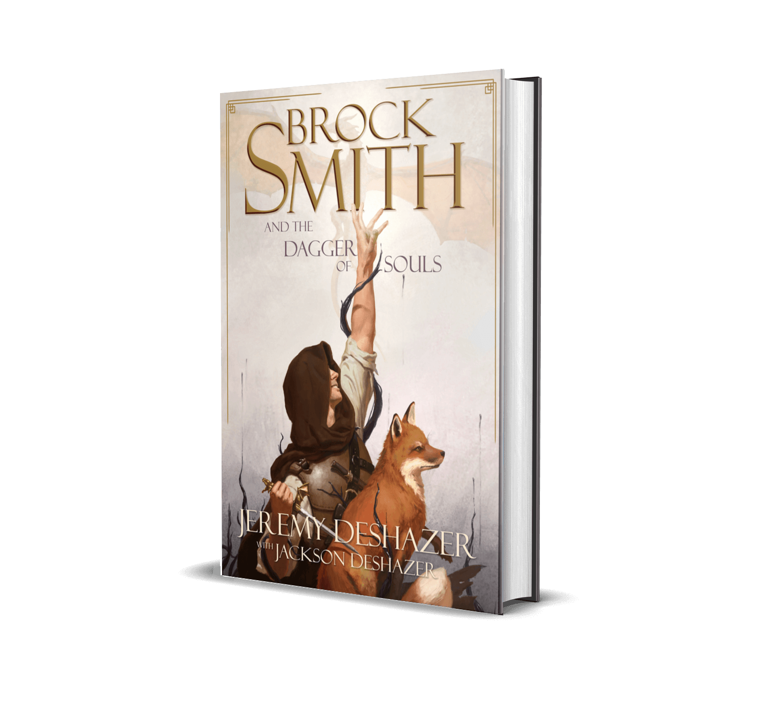 A book cover titled 'Brock Smith and the Dagger of Souls' by Jeremy Deshazer with Jackson Deshazer, featuring a young man in a hooded cloak reaching up toward a dragon, and a fox by his side.