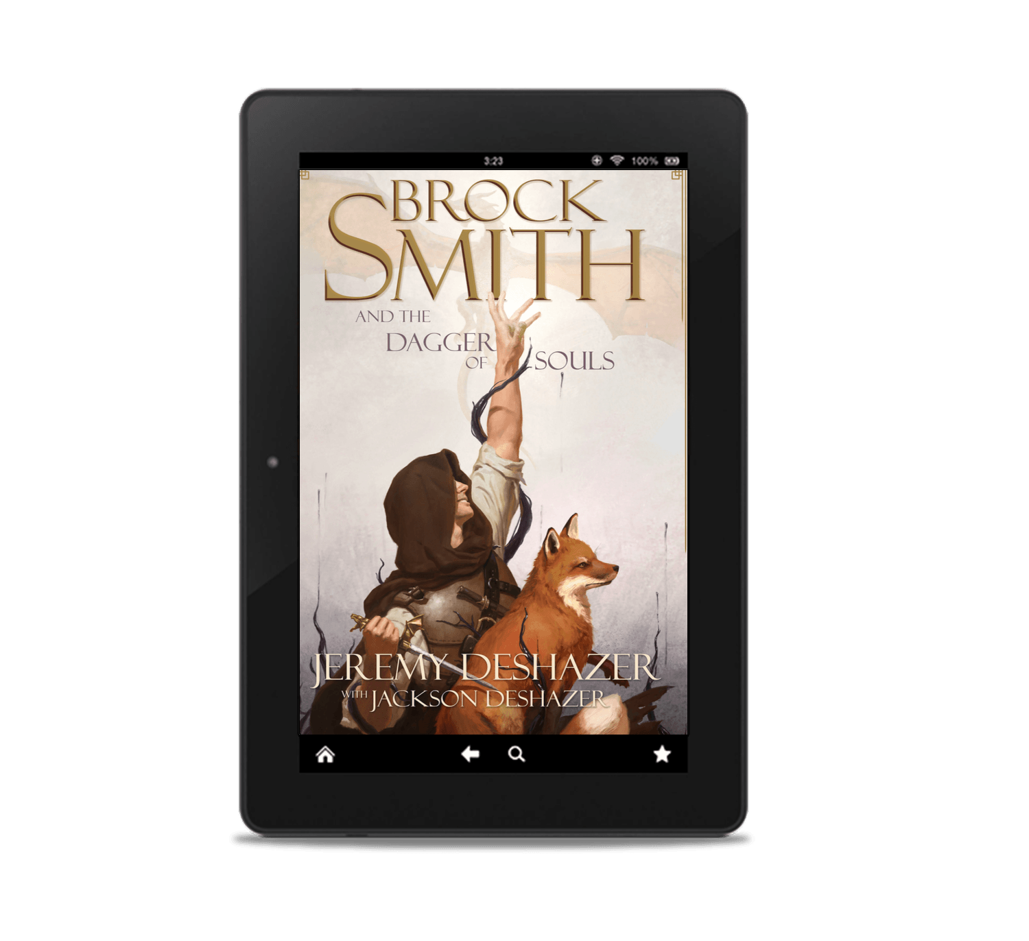 Ebook cover of 'Brock Smith and the Dagger of Souls' by Jeremy Deshazer with Jackson Deshazer, featuring a young man in a hooded cloak reaching up toward a dragon, and a fox by his side.