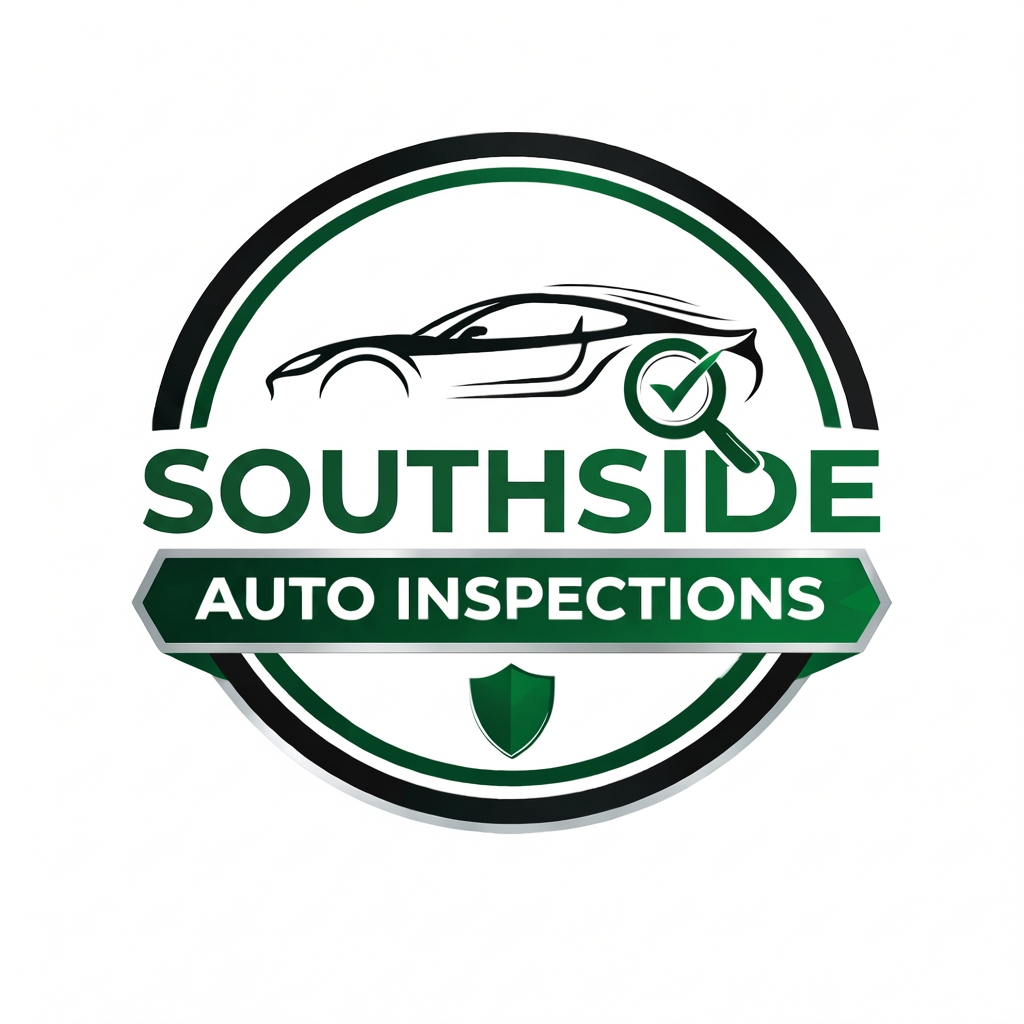 A logo for Southside Auto Inspections featuring a sleek black and green outline of a car above the company name, with a magnifying glass and checkmark icon, and a shield at the bottom.