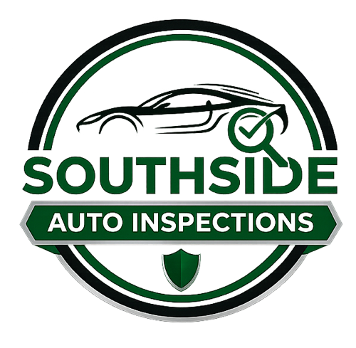 Logo for Southside Auto Inspections featuring a car silhouette, a magnifying glass, and a shield, with text indicating auto inspection services.