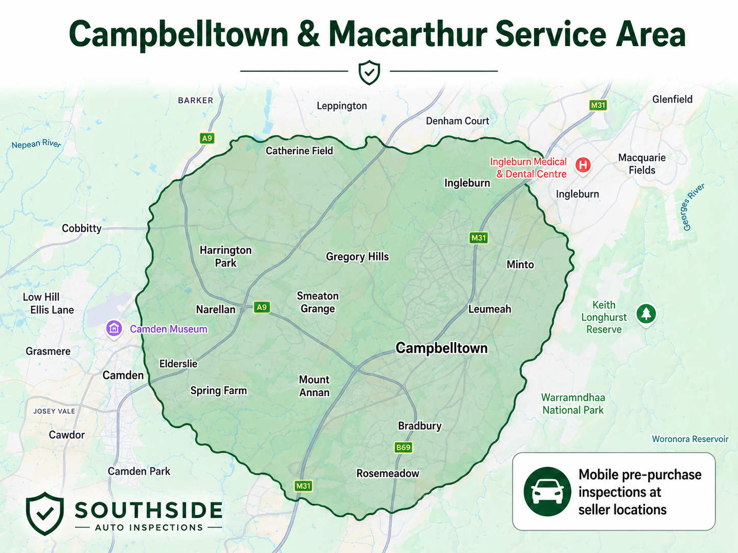 Map of Campbelltown and Macarthur service area showing neighborhoods, parks, and roads, with icons indicating locations of medical center, museum, and inspections service.