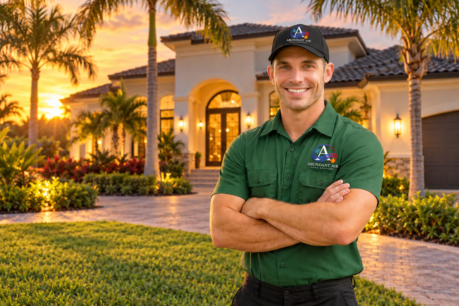 Abundant Air HVAC technician in front of a Tampa Bay home