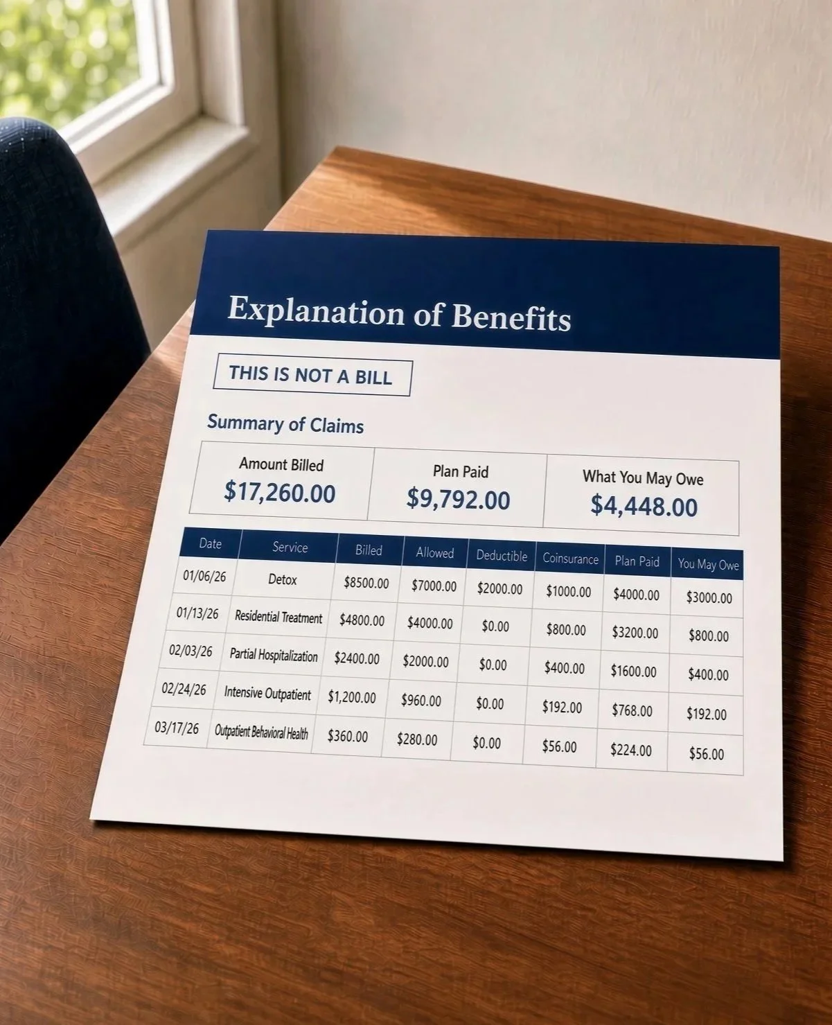 A sheet titled 'Explanation of Benefits' on a wooden table, showing a summary of medical claims, including billed amounts, plan paid, and what you may owe, with a note that it is not a bill.