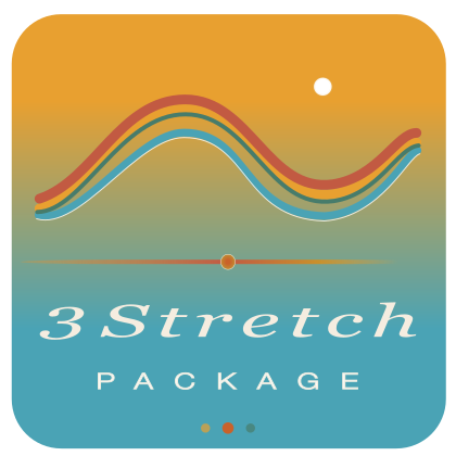 Graphic design with four wavy lines in warm colors and a small white circle on an orange and teal background, emphasizing the text '3 Stretch Package.'
